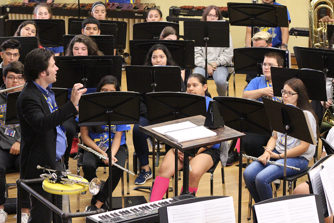 Don Stinson leading the band in rehearsal at Joliet Central High School.