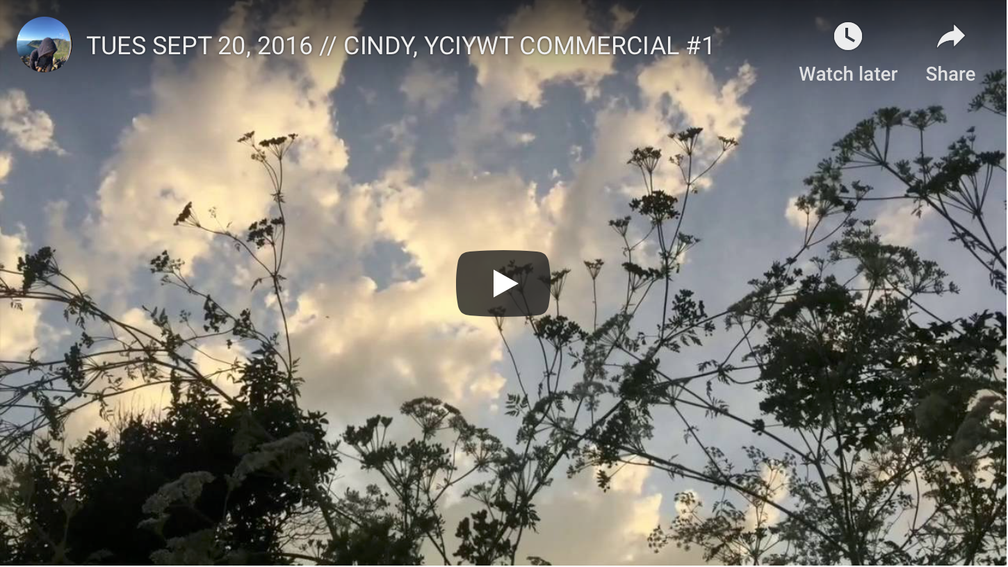 TUES SEPT 20, 2016 // CINDY, YCIYWT COMMERCIAL #1 (VIDEO)