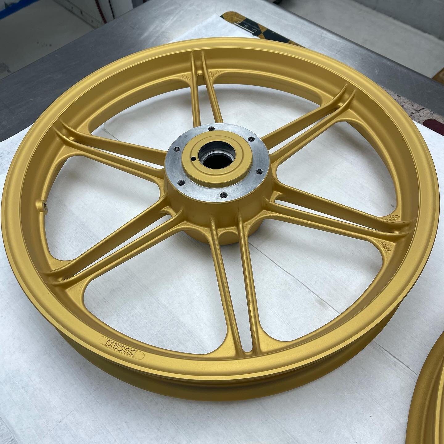 Ducati Gold Wheels&hellip;
Working on June &amp; July backlog and haven&rsquo;t had time to take pics &amp; post. 
.
.
#motorcycle #ducati #wheels #cerakote #cerakotecertified #doitright #beaboutit #marylandcerakote