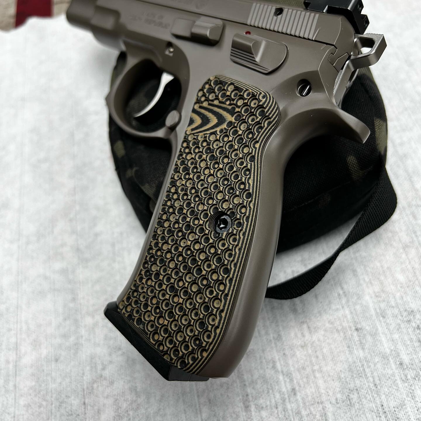@lokgrips came in and I love them but I should&rsquo;ve waited to coat the CZ to better match the brown in the grips. I&rsquo;m thinking of re-coating with one of these two colors with black accents on mag release, takedown lever, and possibly the sa