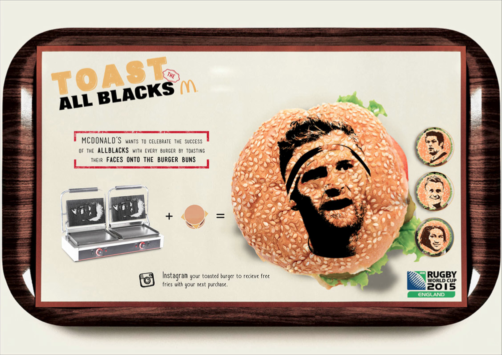 poeple like to toast success so mc donald's wants to celebrate the All blacks succes with every burger.