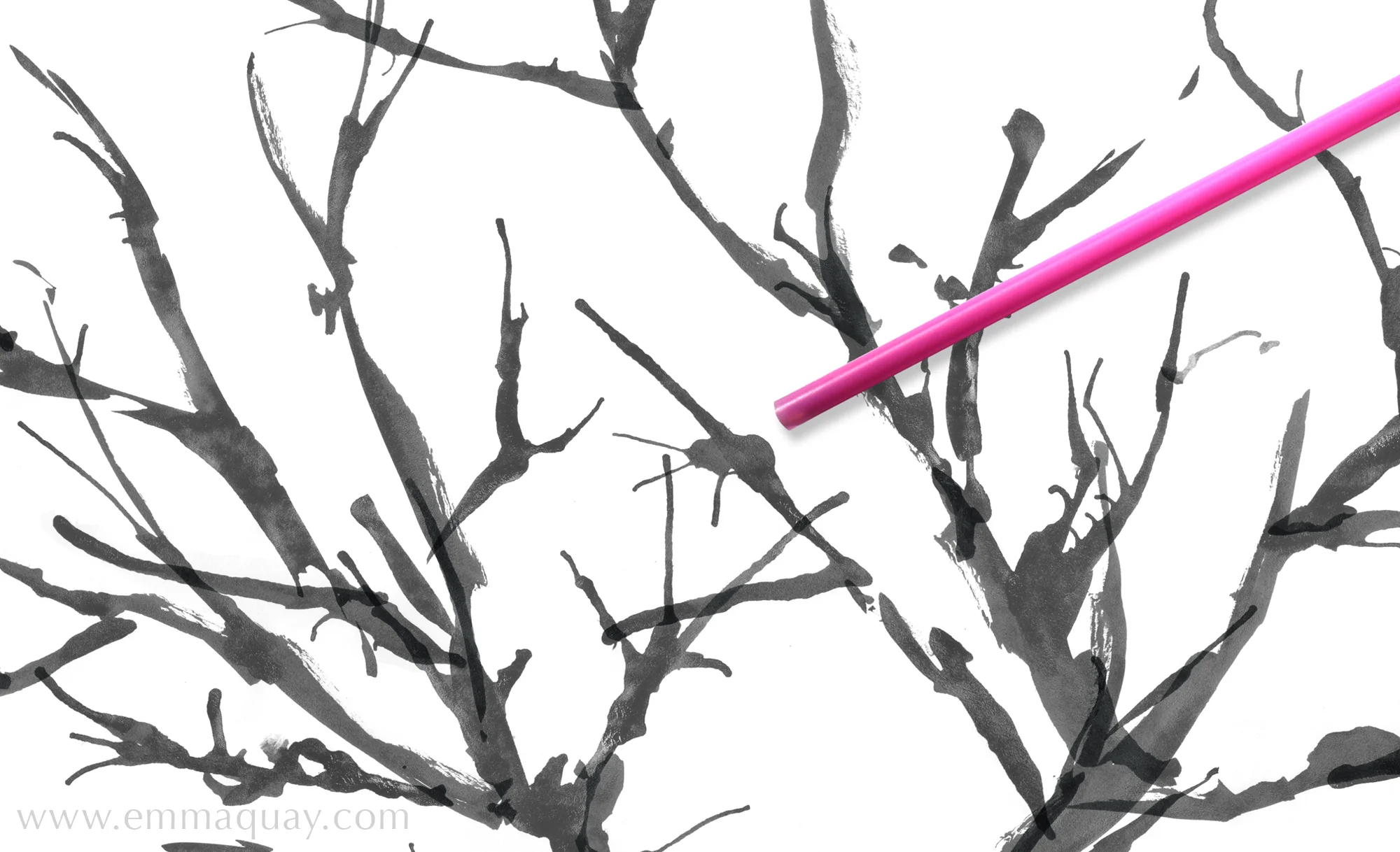 I painted Bird’s tree with a brush and black ink, leaving a pool of ink at the end of some of the branches. I then blew through a plastic straw to create the more delicate twig shapes. I enjoyed the random and unpredictable ink dribble shapes this method produced: it was impossible to control the exact direction in which the ink would run.