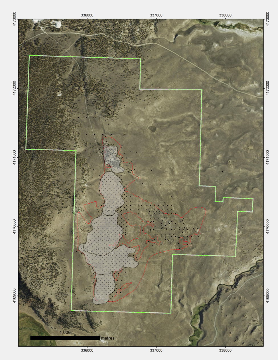 Figure: Drill collars for 876 RC, air track and rotary holes, 20 diamond drill holes for total 81,770m. The zone outlined in red indicates mineralized zones. The shaded area represents the resource and proposed pit outlines.