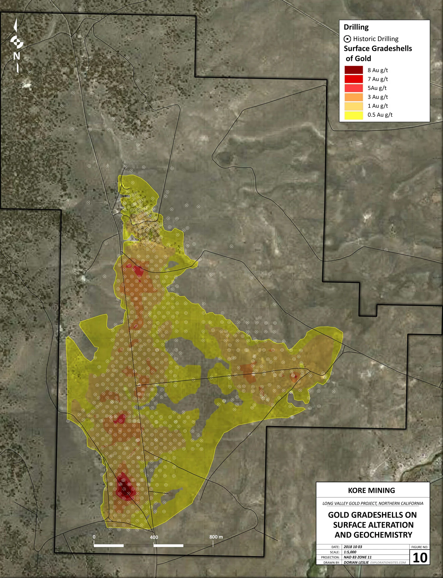 Gold gradeshells showing historic drilling, zone of known mineralization and higher grade oxide zones