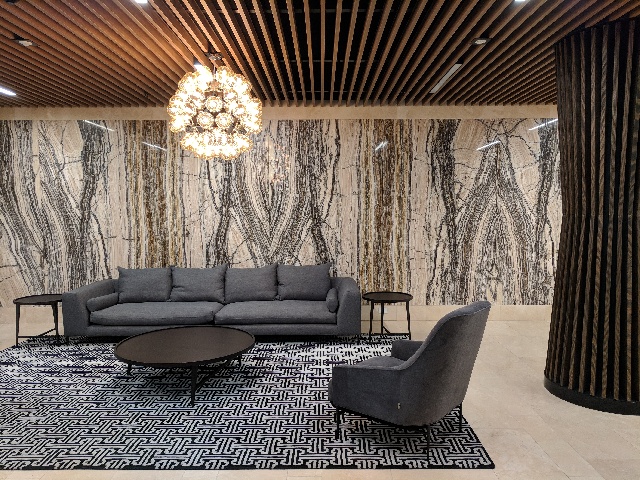  Lakeside Apartments Lobby - Melbourne VIC Ever Art Wood® Kabebari-T Suspended Ceiling System - Kabebari 30x85 battens in Kuri Masame; Custom powdercoated T section in Black 