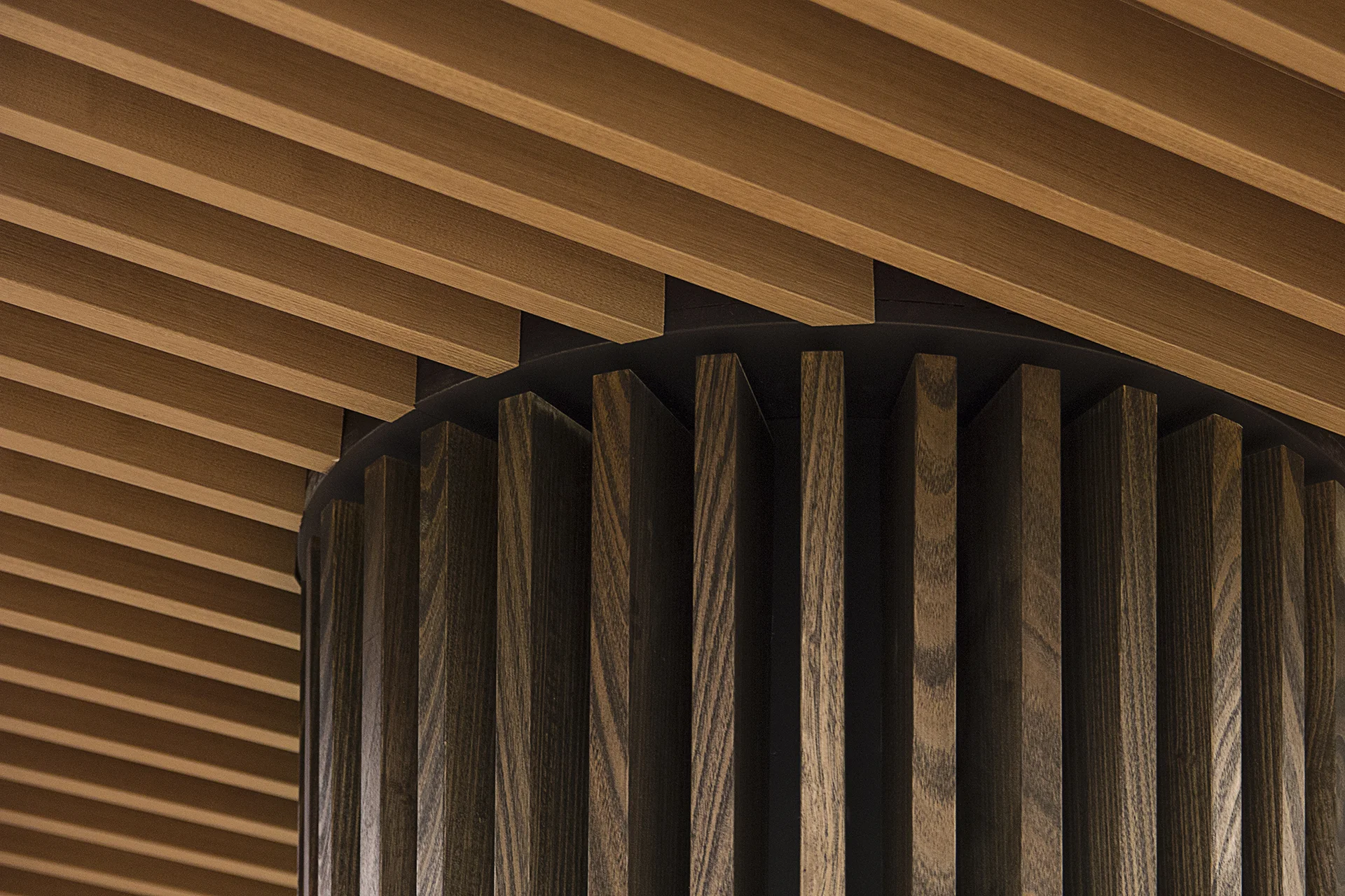 Lakeside Apartments Lobby - Melbourne VIC Ever Art Wood® Kabebari-T Suspended Ceiling System - Kabebari 30x85 battens in Kuri Masame; Custom powdercoated T section in Black