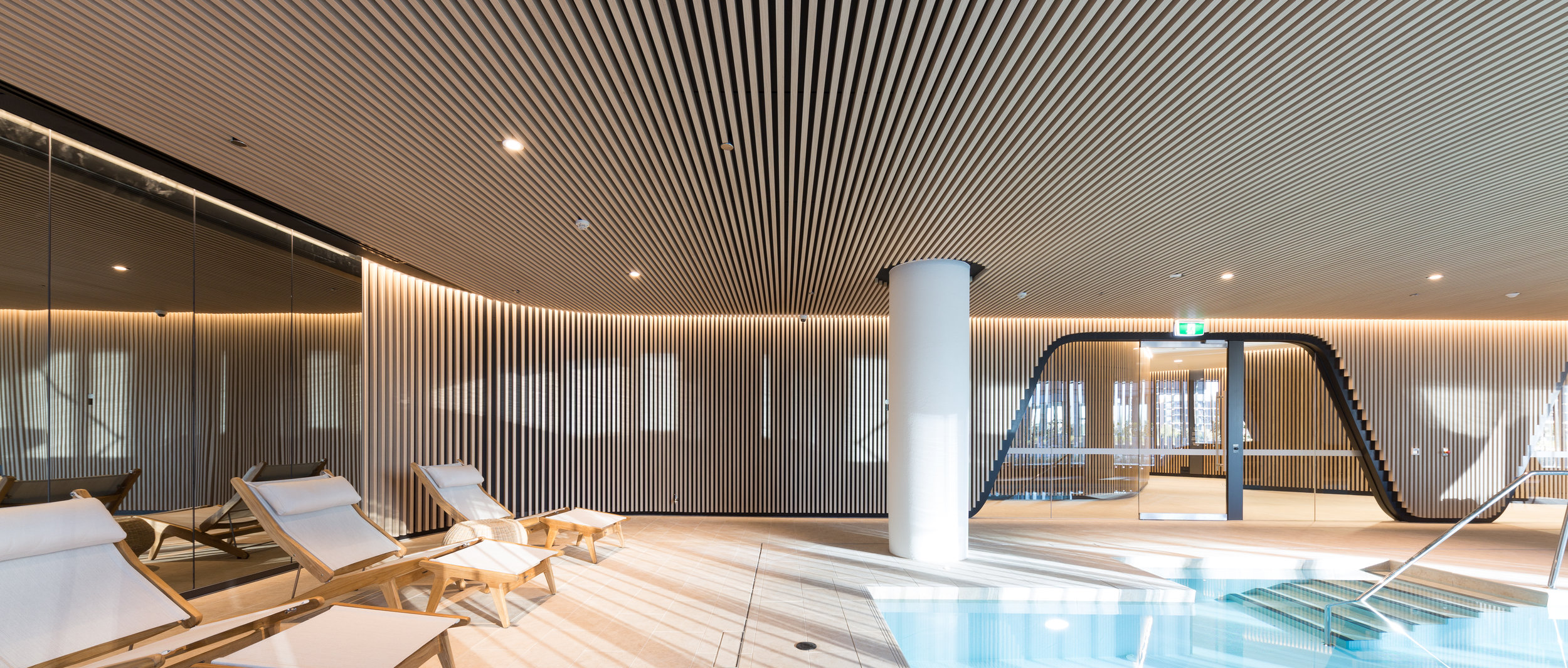  883 Collins St Multi-residential Pool Amenities - Melbourne VIC Ever Art Wood® battens - Kabebari 30x50 in Supuringu Oku 