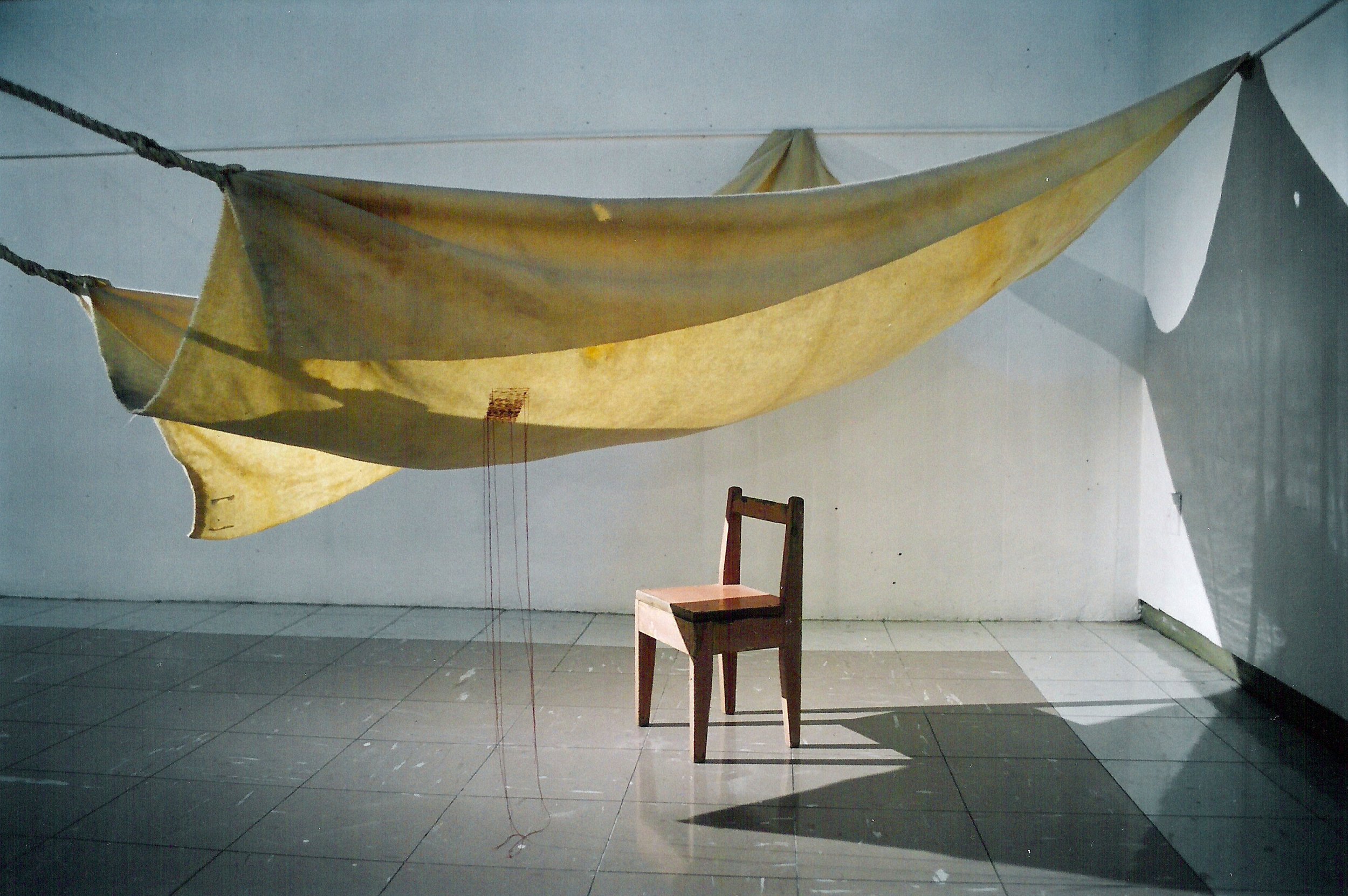  Shelter.    rope, blanket, thread, child’s chair. 2000.  CoCA. Ōtautahi. NZ. 
