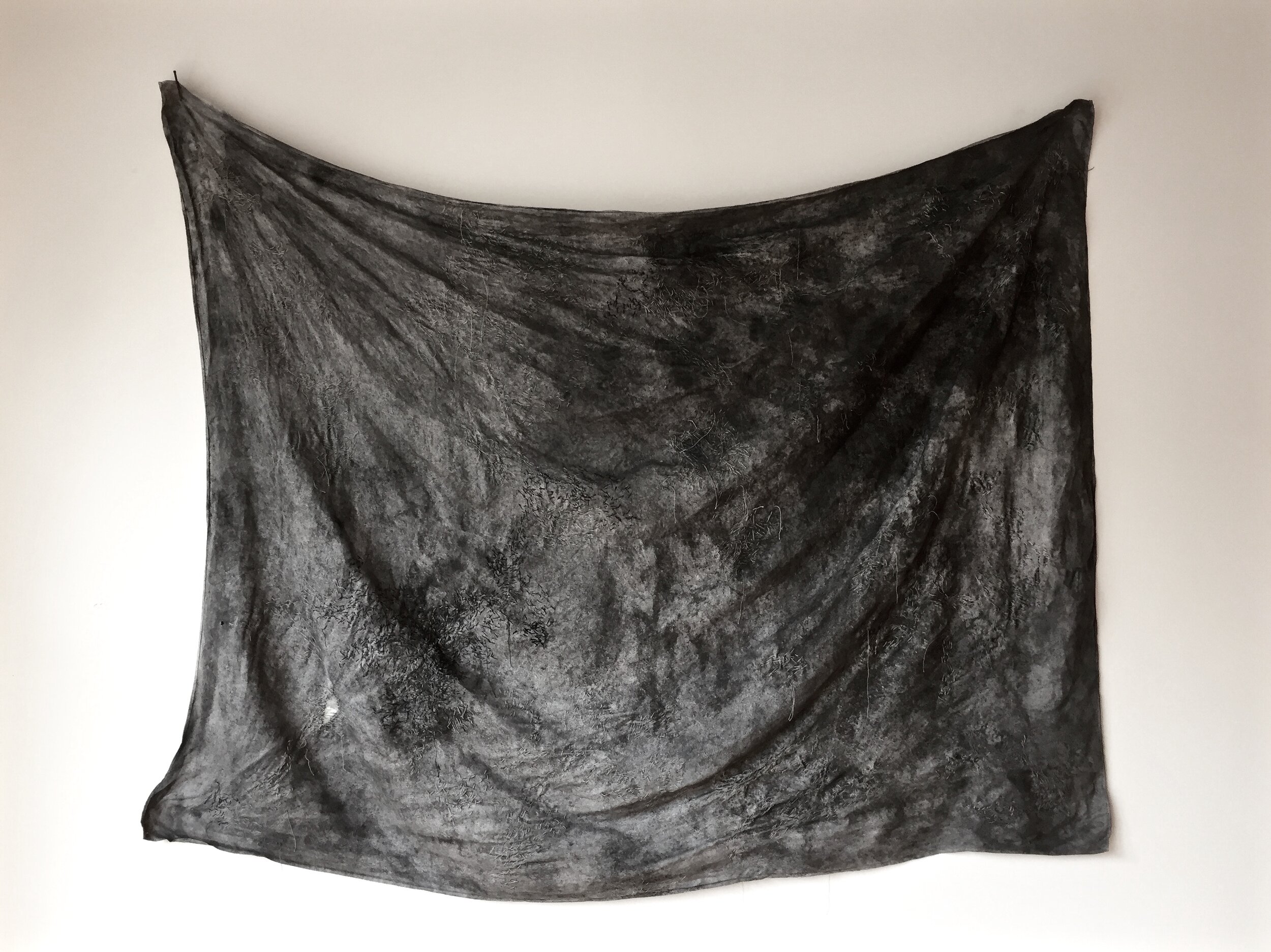  mourning cloth.   tablecloth, thread, charcoal &amp; ash.   2017.  NG. Ōtautahi. 