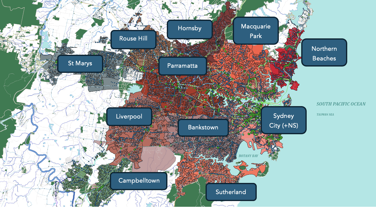 Map of Sydney divided into 12 sub-regions based on their notional public transport catchments