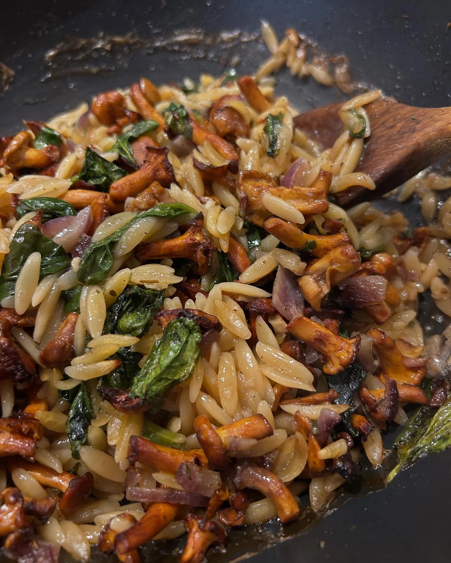 Autumnal 🍂 supper using amazing seasonal ingredients. 

Chanterelle mushroom &amp; spinach orzo with toasted hazelnuts and crispy sage 😋 

All made in one pan in the oven so super simple 

#meatfreemonday #seasonal #seasonalproduce #orzo #pastareci