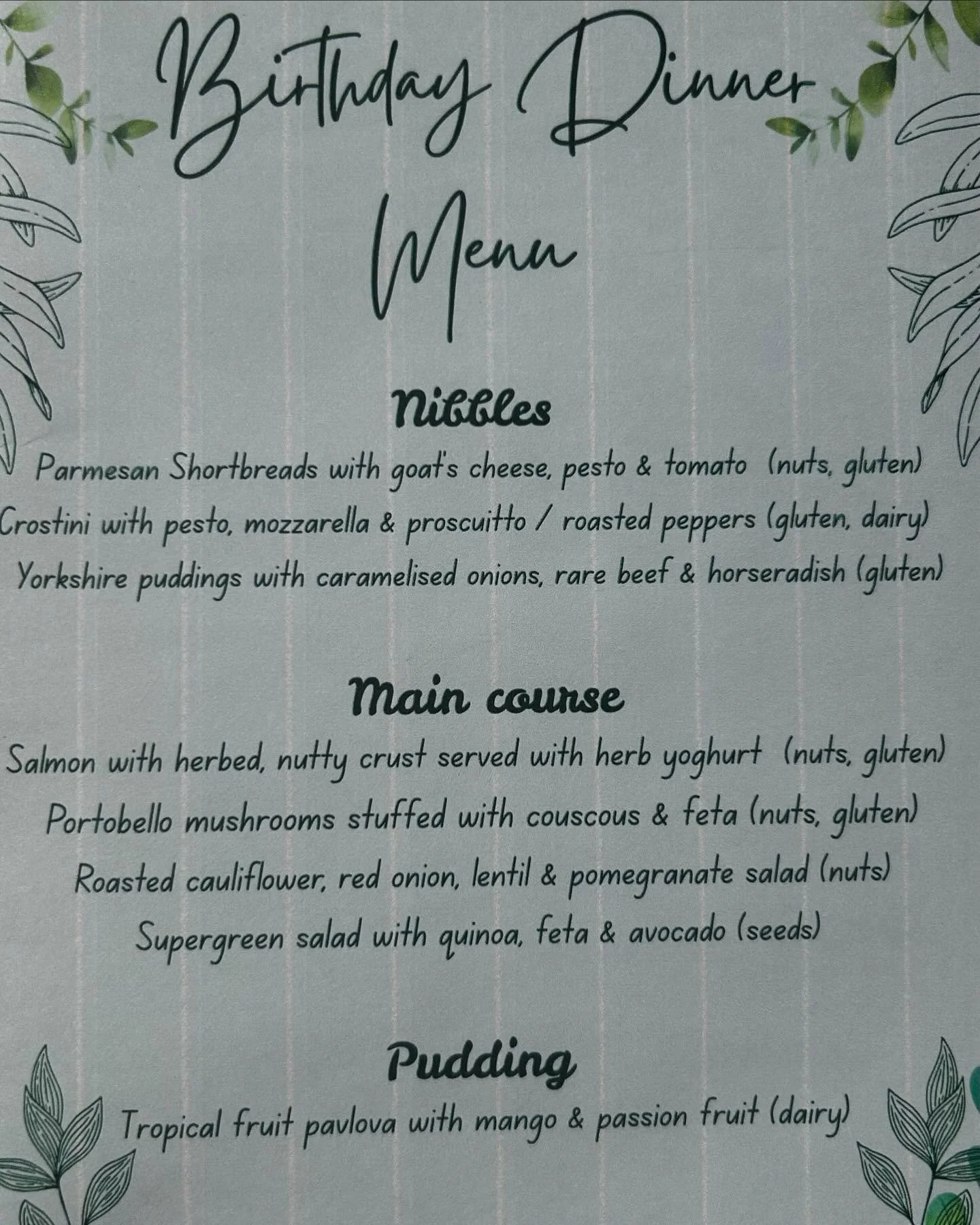 Birthday 🎂 dinner delivered 🎉 

🎉Herbed &amp; nut-crusted salmon fillets 🎉Giant couscous stuffed mushrooms with a golden herbed crust 🎉Cauliflower, red onion &amp; lentil salad with pops of pomegranate 🎉Superfood green salad with avocado, feta 