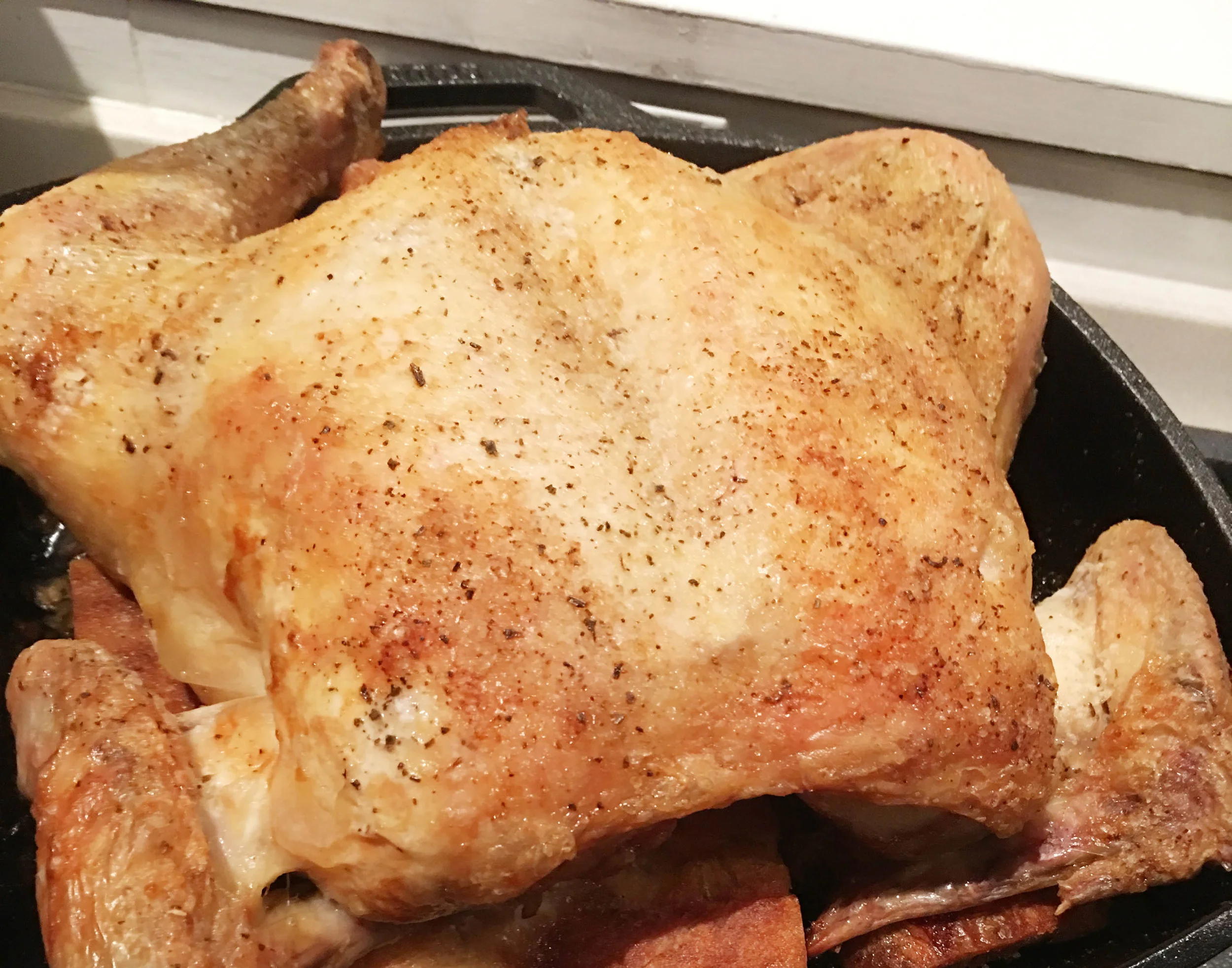 Cast-Iron Butterflied Chicken with Bacon Croutons