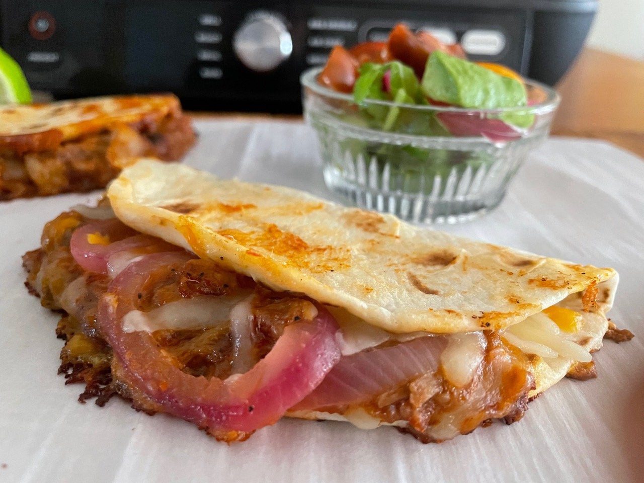 Close up Pulled Pork Quesadilla and Avocado Salad Elizabeth Karmel.jpeg