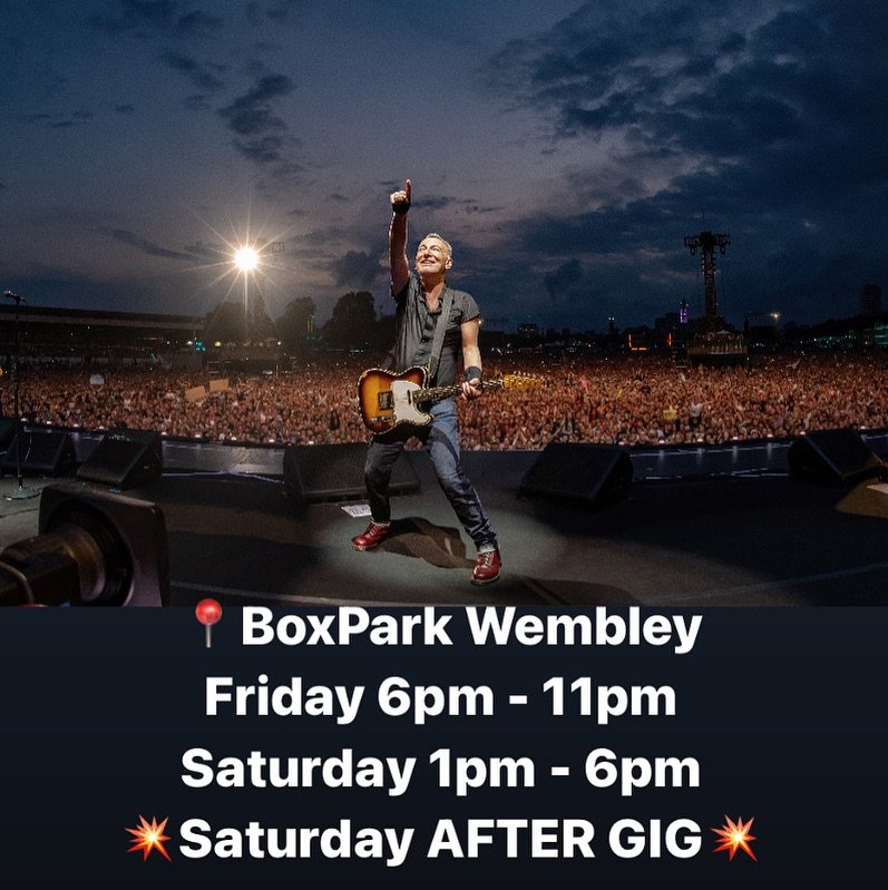 💥 Join us for FREE *AFTER* Springsteen&rsquo;s Saturday night gig for a couple more hours of Bruuuuuuuce at @boxparkwembley (Along with TONIGHT from 6pm - 11pm and tomorrow pre gig 1pm - 6pm!) The venue has limited (2000 fan!) capacity - we recommen