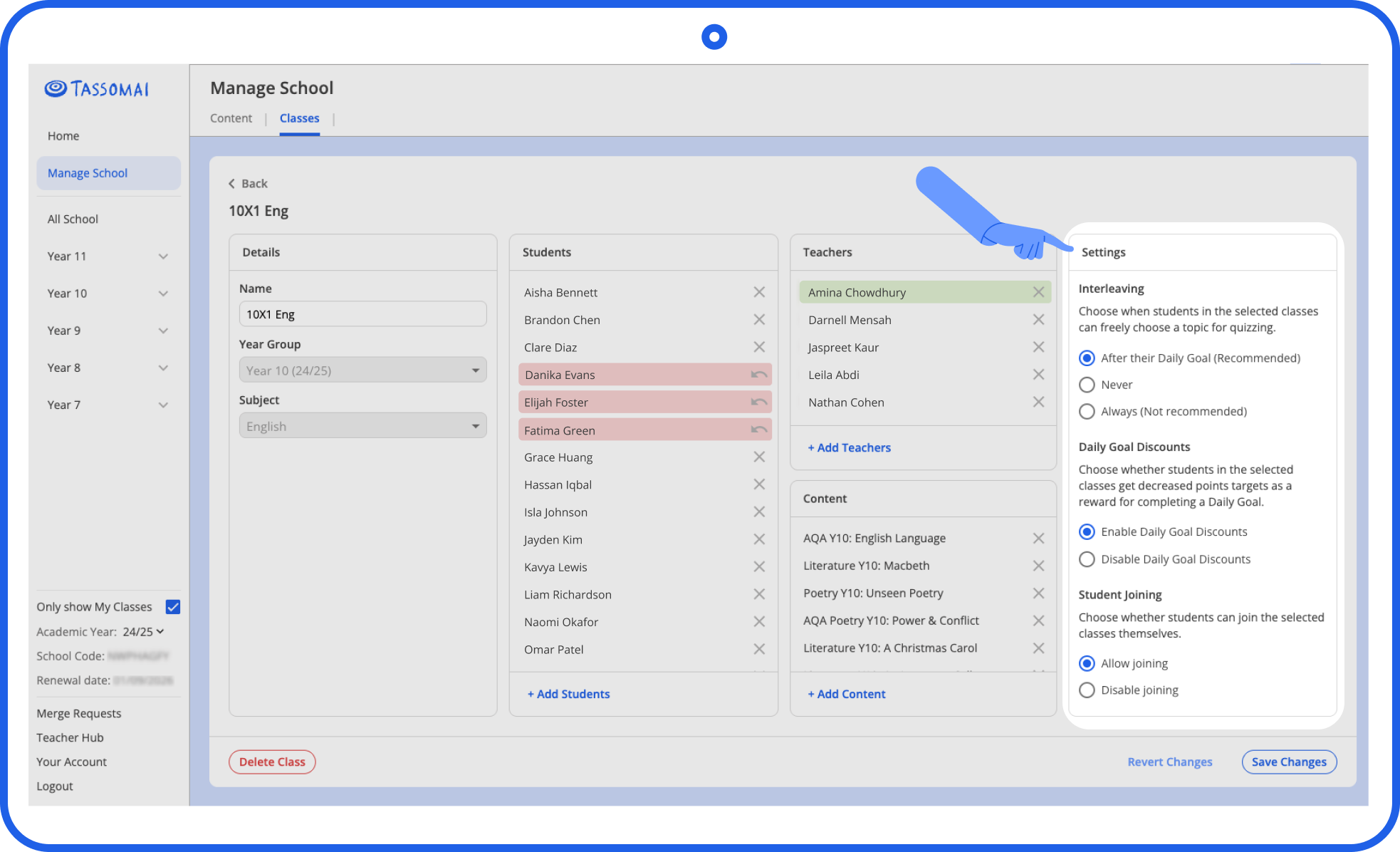 Adjust Tassomai-related settings for the students’ quizzing experience