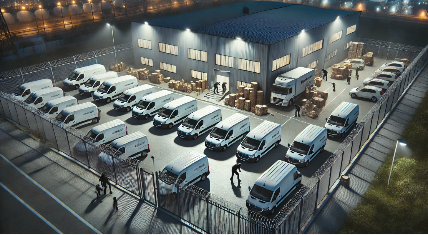 Inbrott i firmabil på inhängnad parkering – tjuvar kapar upp dörren med vinkelslip för att stjäla verktyg. Effektivt larmsystem med larmade staket, kameror och fordonslarm skyddar mot stölder.