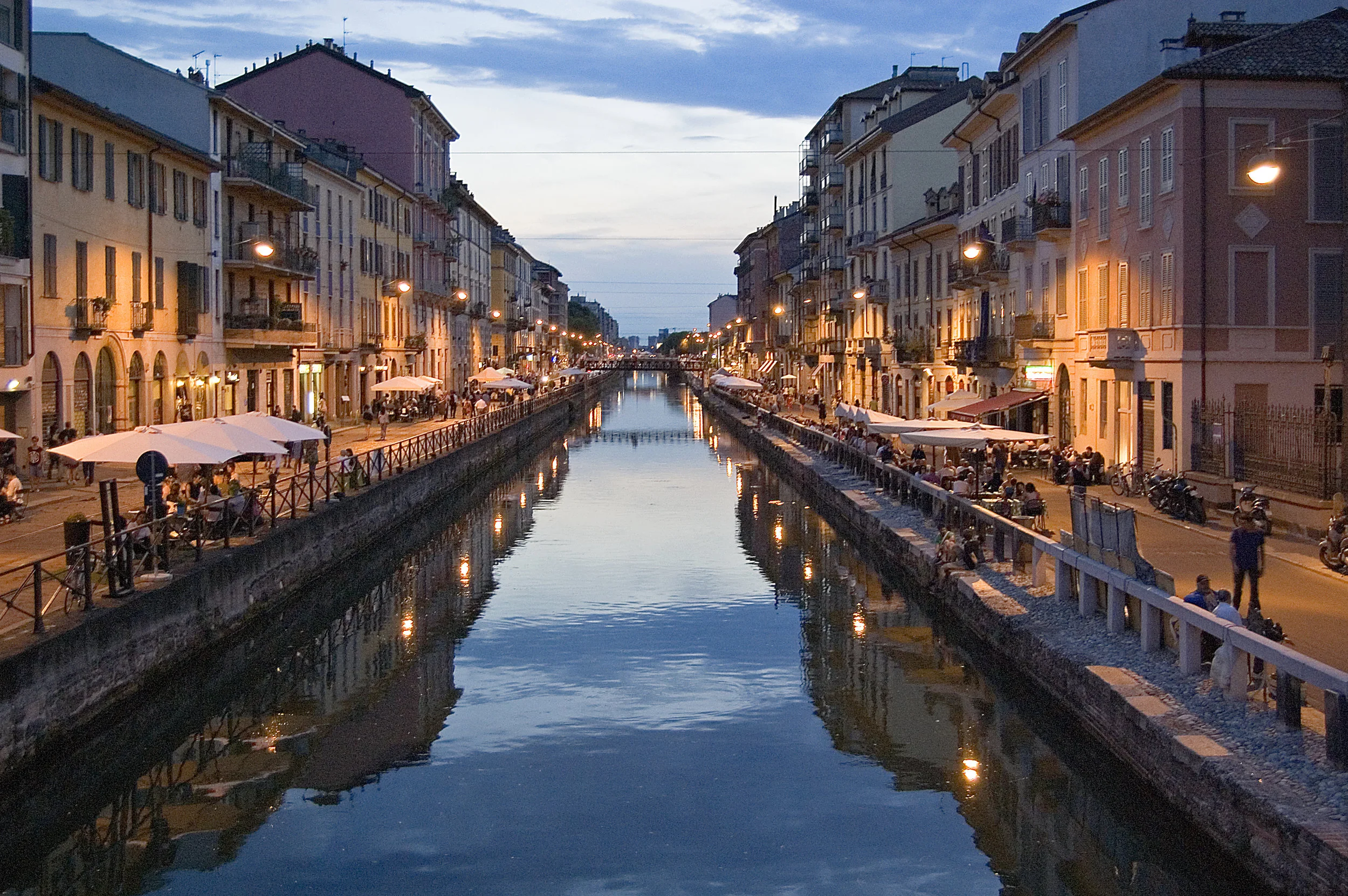 Milan's main night entertainment area at dusk.
