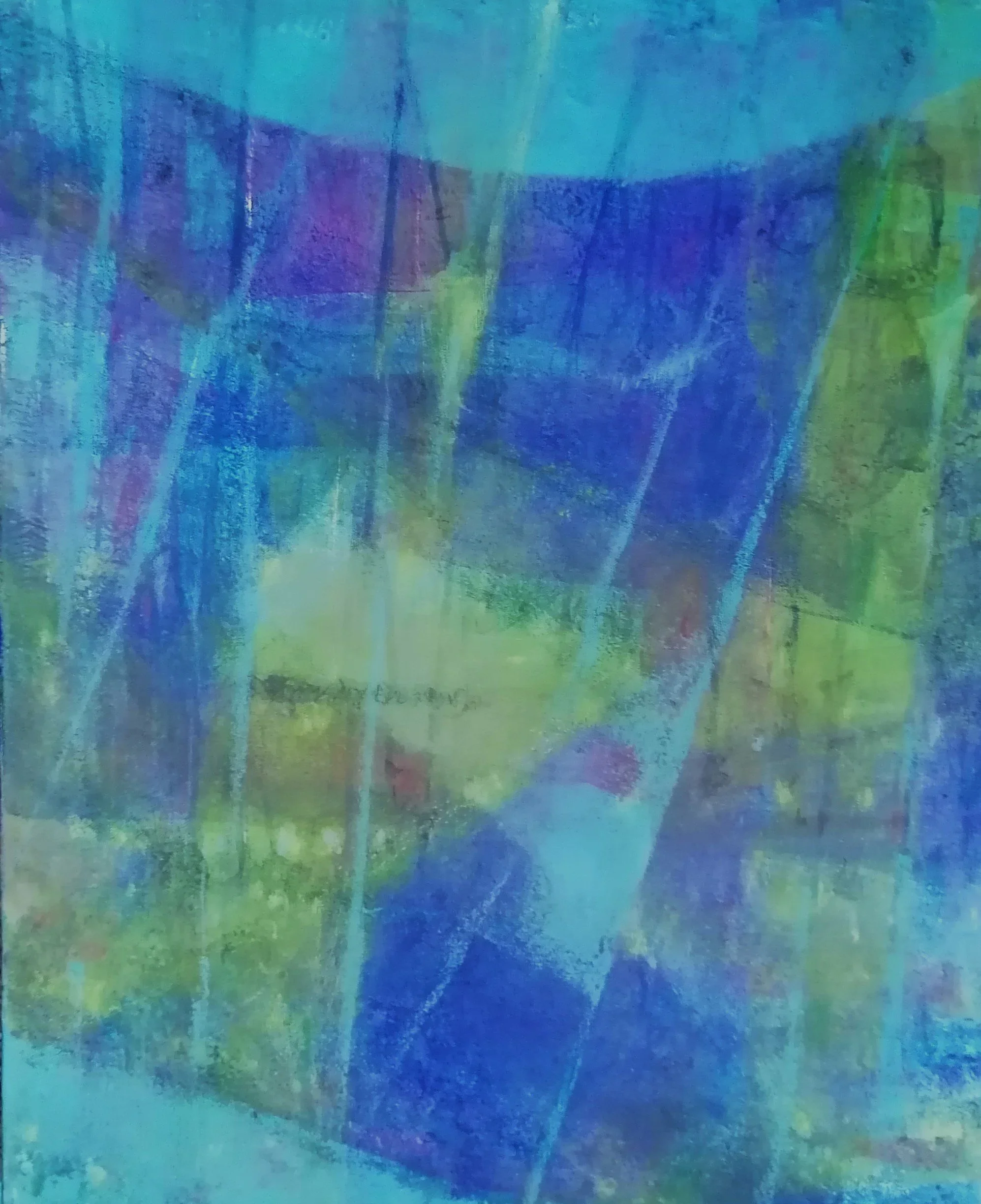 Abstract painting with vibrant shades of blue, green, and purple, featuring brushstrokes and textures.