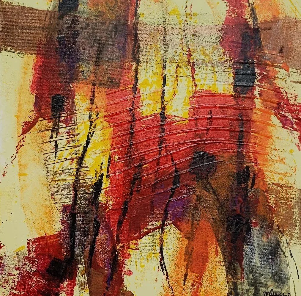 Abstract painting featuring red, yellow, black, and brown brushstrokes with textured, layered paint and bold black lines.