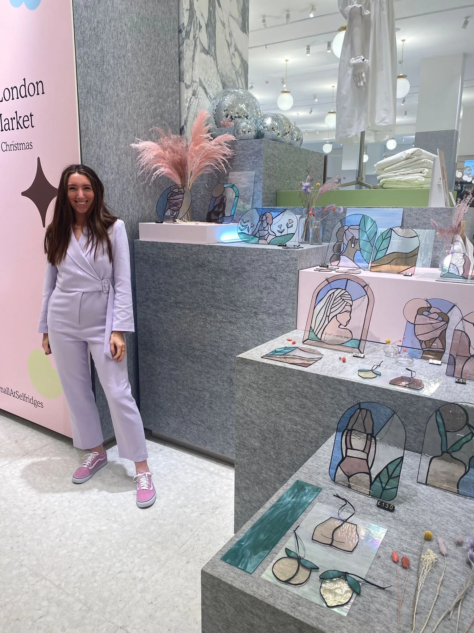 dee mont at south London makers market in Selfridges selling stained glass art