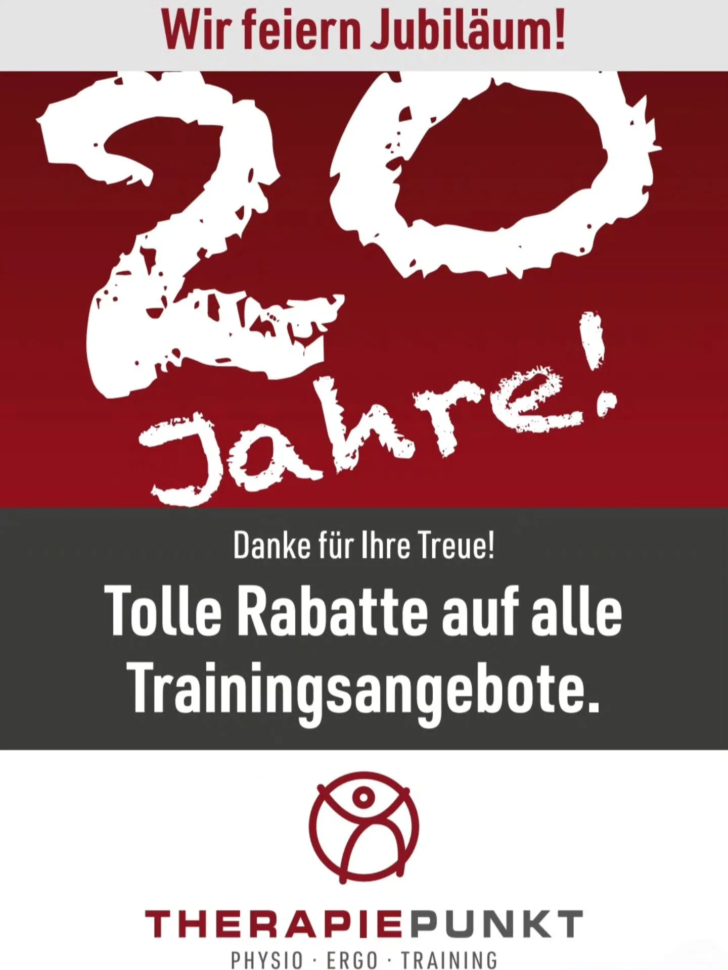 Seit zwei Jahrzehnten begleiten wir unsere Patienten auf ihrem Weg zu mehr Gesundheit, Kraft und Wohlbefinden. 
Dieses Jubil&auml;um m&ouml;chten wir mit Ihnen feiern! Sichern Sie sich jetzt exklusive Jubil&auml;umsrabatte auf unsere Trainingsangebot