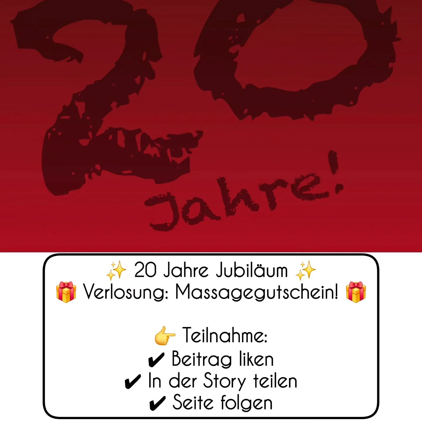 🎉 Wir feiern 20 Jahre! 🎉
Danke f&uuml;r eure Treue und Unterst&uuml;tzung in all den Jahren. ❤️

Zu unserem Jubil&auml;um verlosen wir einen Massagegutschein 🧖&zwj;♀️💆&zwj;♂️

So einfach nimmst du teil:
1️⃣ Diesen Beitrag liken
2️⃣ In deiner Stor