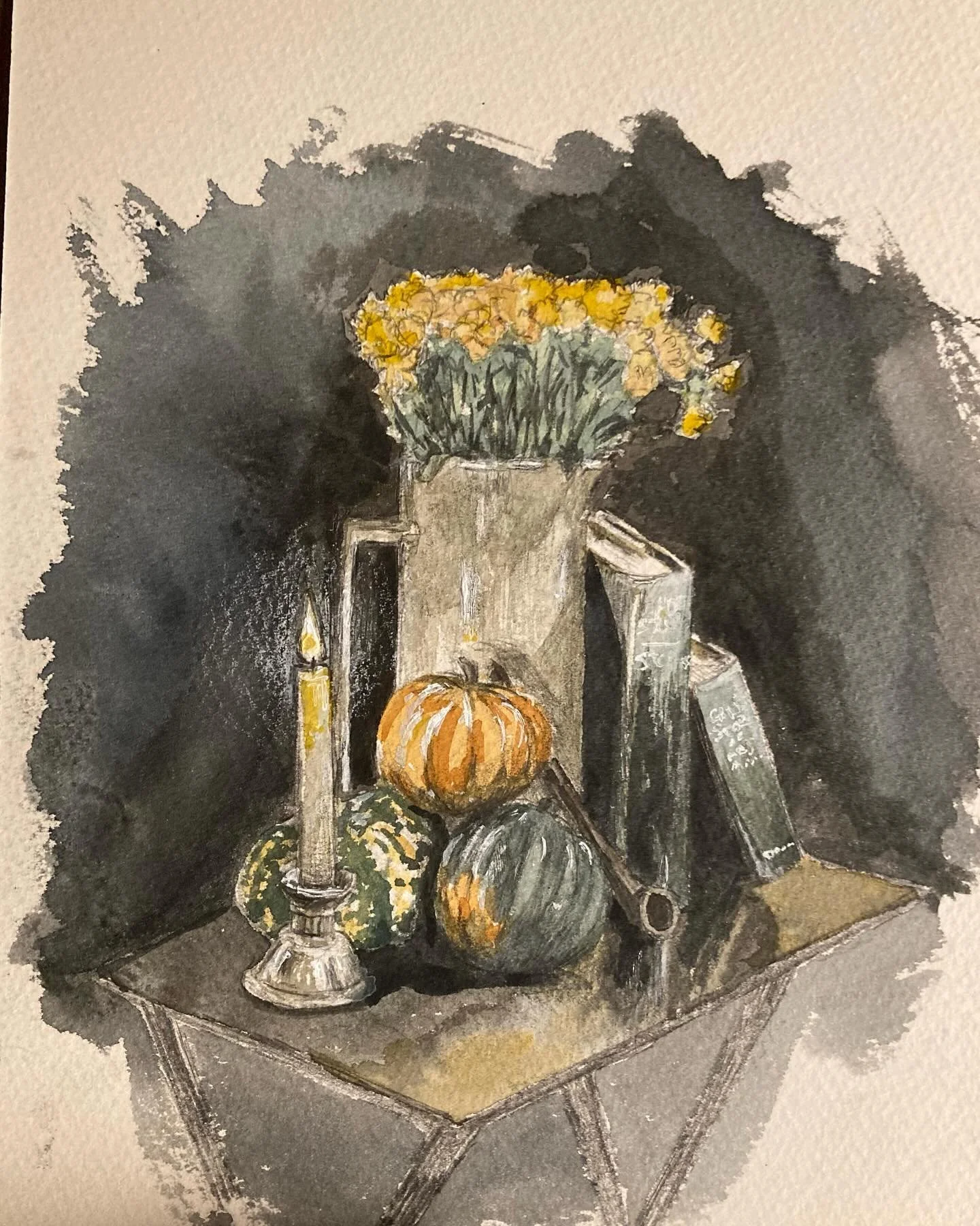 It&rsquo;s autumn, so here&rsquo;s a watercolor of some pumpkins, mums, books, a pipe, and a candle. Also, I have a show tonight in Knoxville and I&rsquo;m very happy about it. (Deets on my website.)
