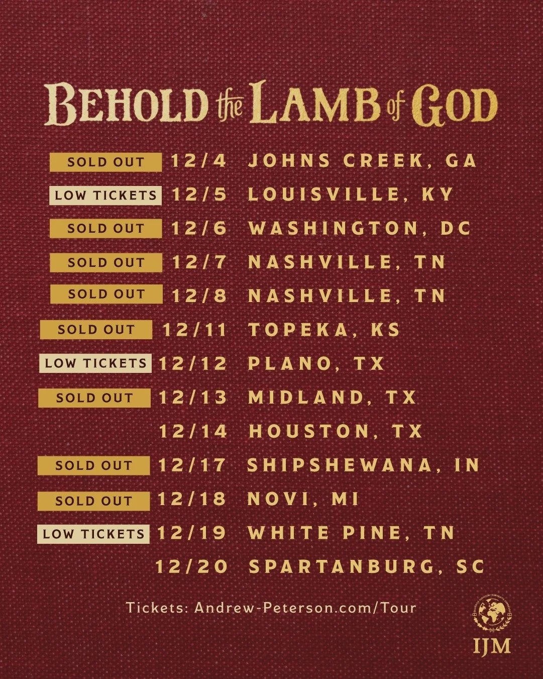 The Behold the Lamb of God tour is rehearsed and ready to go - we leave for our first show tonight, and we can't wait to see you all on the road. Johns Creek, see you tomorrow!
- Team AP
