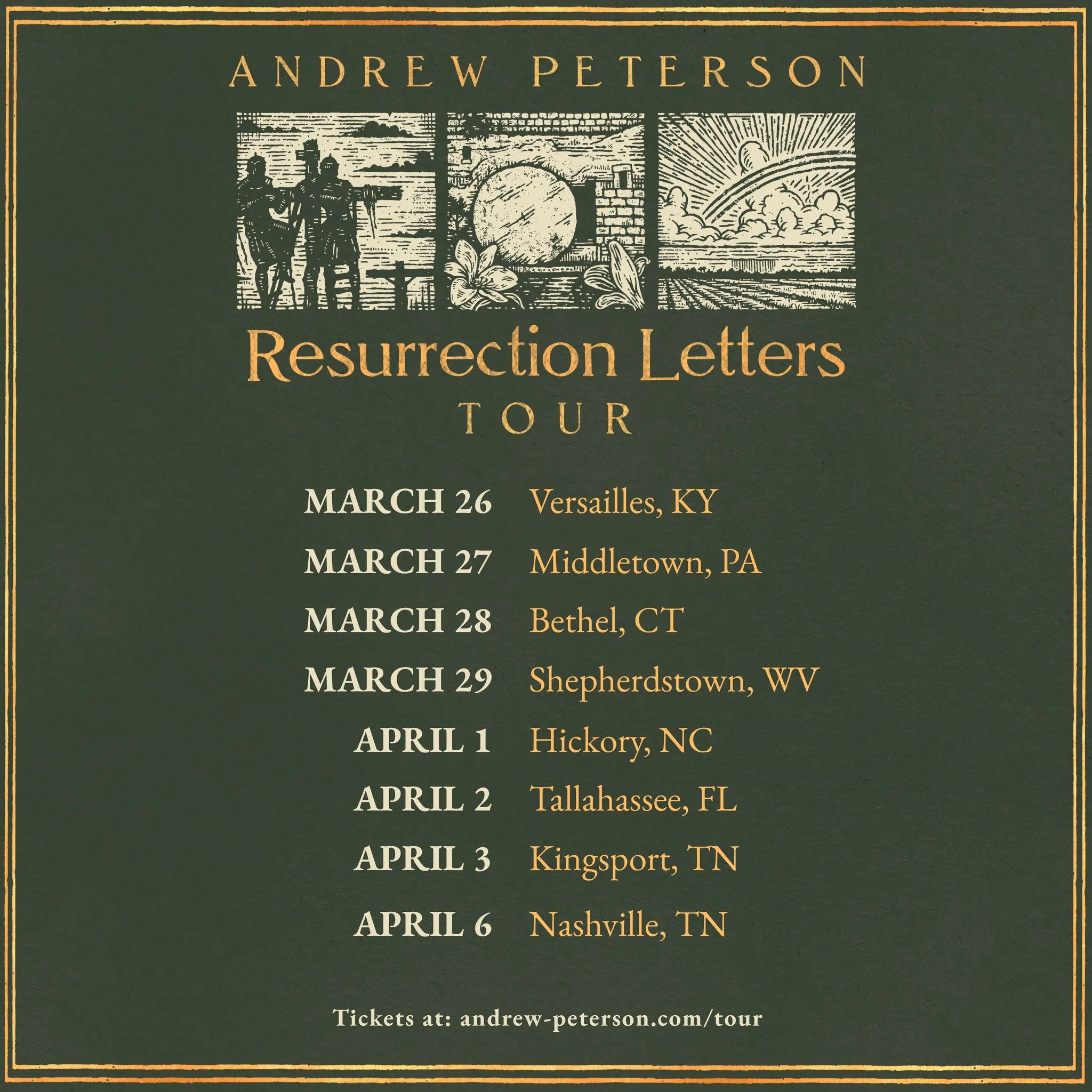 Tickets go on sale tomorrow, Jan 9th at 10:00am for the 2026 Resurrection Letters Tour. See you on the road! Get your tickets at andrew-peterson.com/tour
- Team AP