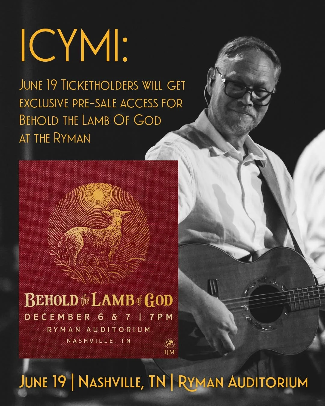 In case you missed it: If you buy tickets to An Evening with Andrew Peterson on June 19, you'll get exclusive pre-sale access to Behold the Lamb of God at the Ryman. Tickets at ryman.com.
- Team AP