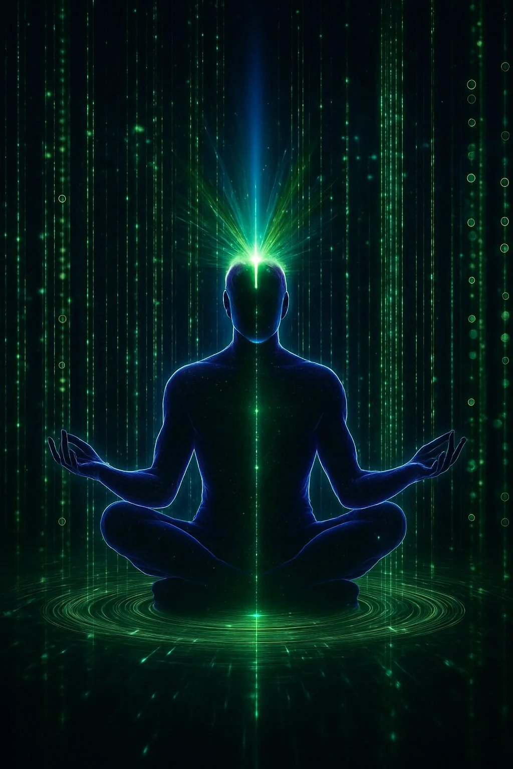 Glowing silhouette of a person meditating in lotus pose amid green digital code, representing mindset and calm in trading