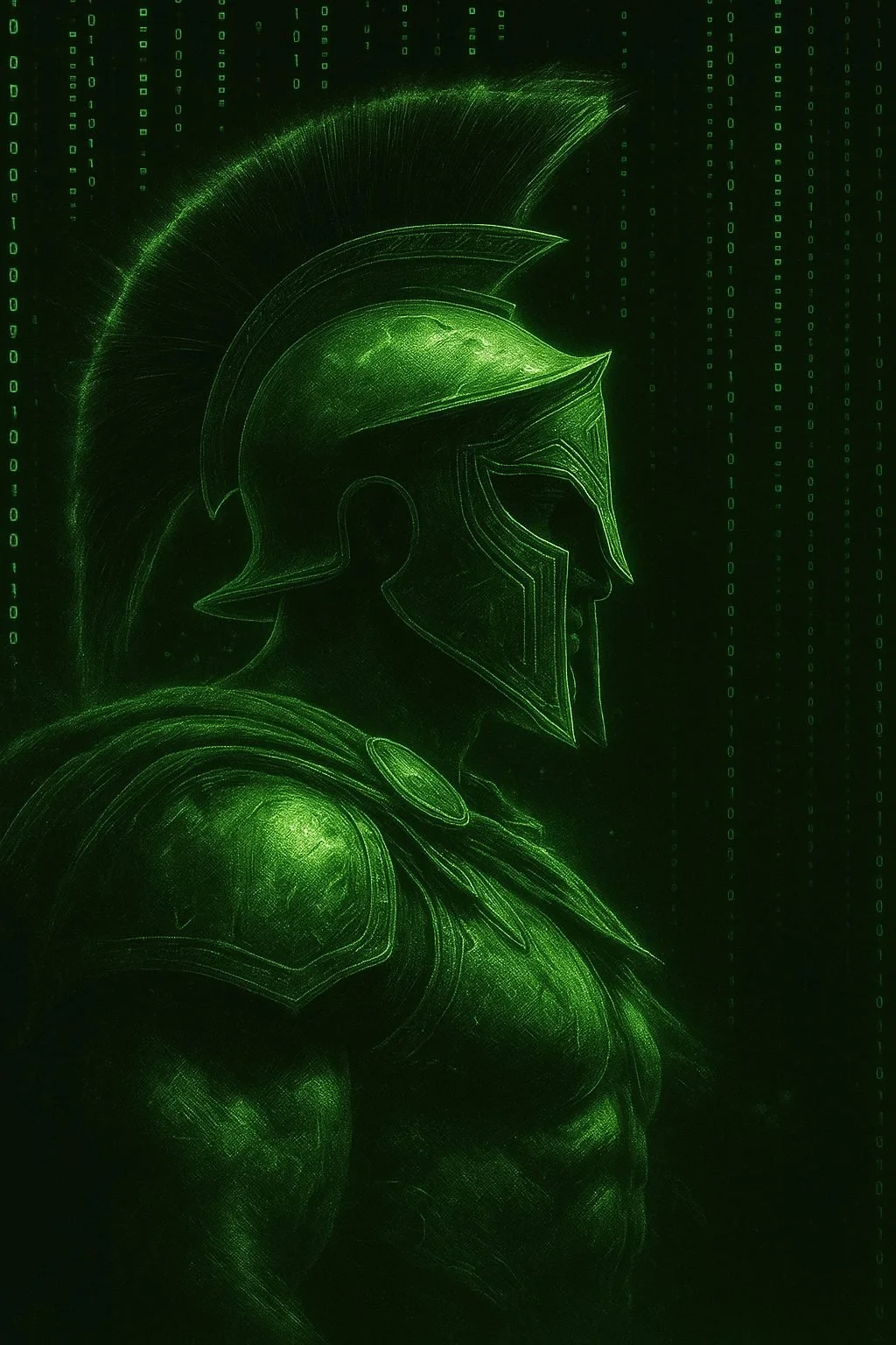Green digital-code Spartan warrior in profile, representing discipline and fearless trading