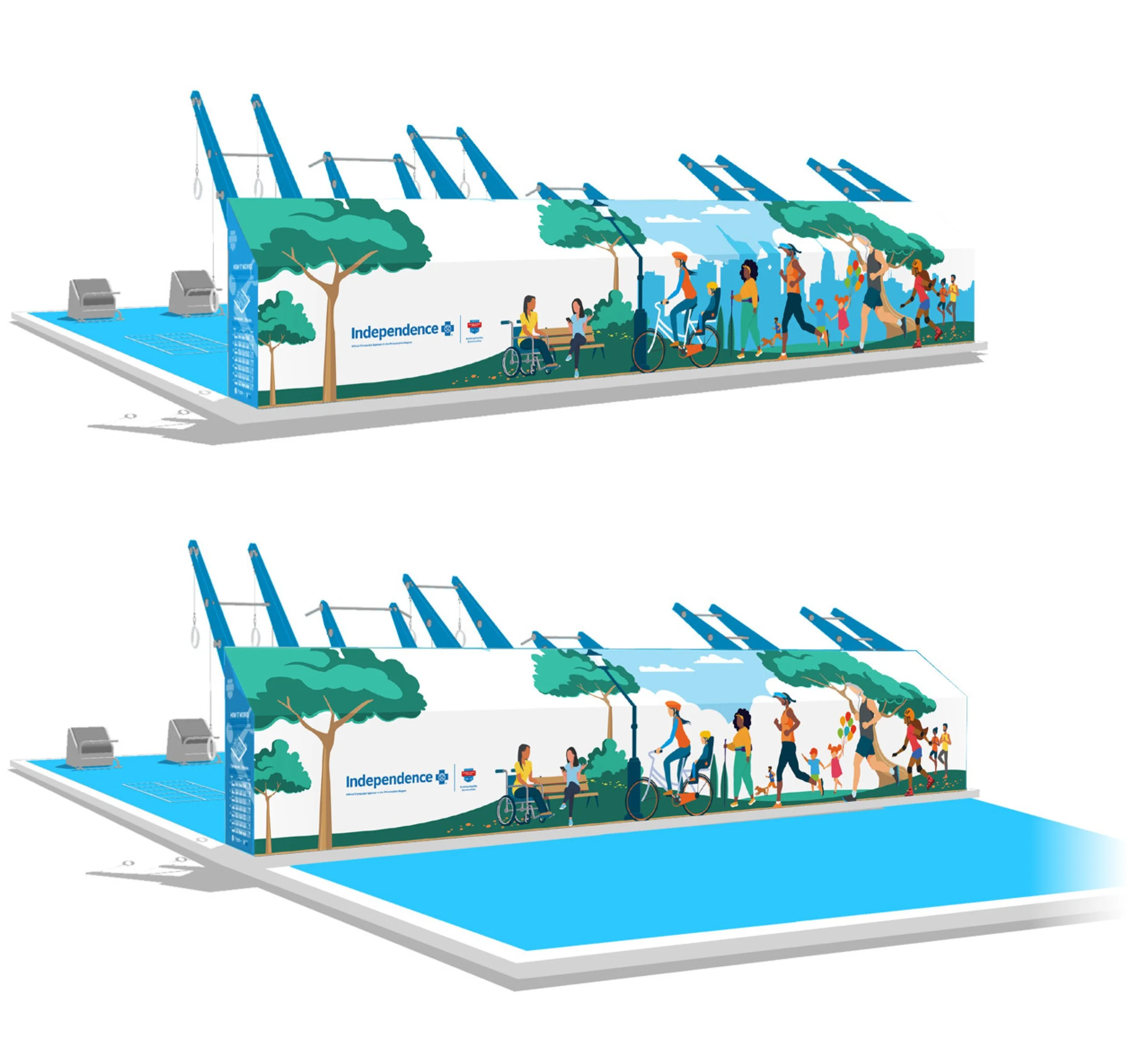  As lead creative, I designed a large-scale mural for the IBX-branded Fitness Courts—outdoor, mobile exercise spaces created in partnership with the National Fitness Campaign. The artwork blends bold, movement-inspired visuals with IBX brand elements