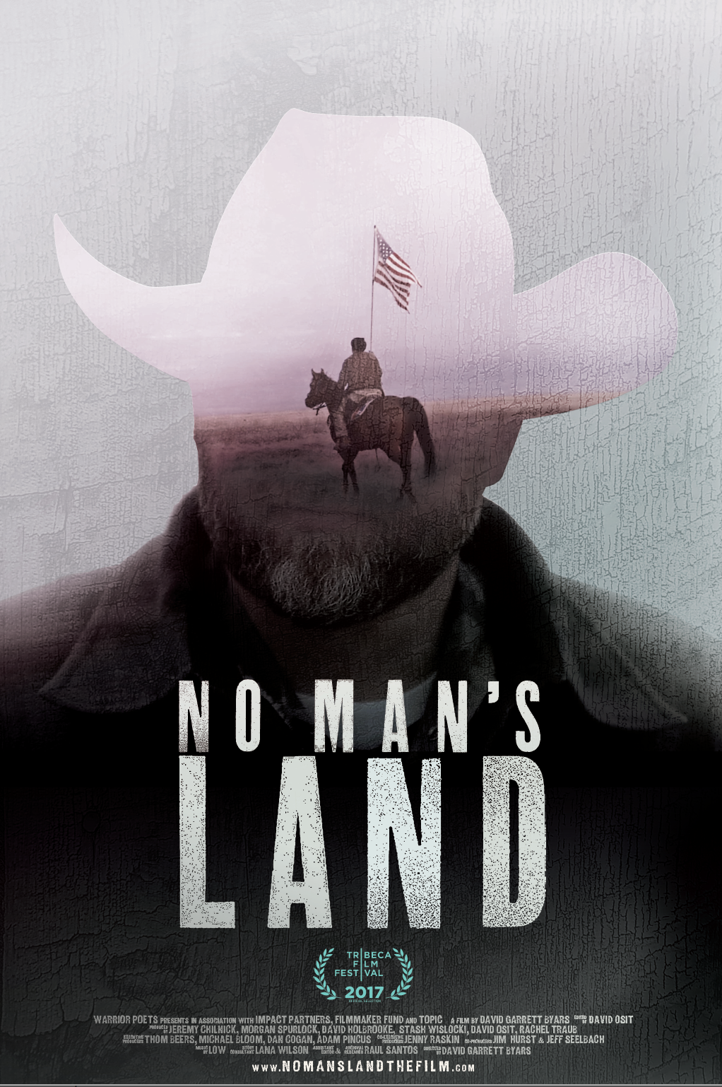 Movie poster for 'No Man's Land' showing a man on a horse holding an American flag, with a cowboy hat outline overlapping the scene.
