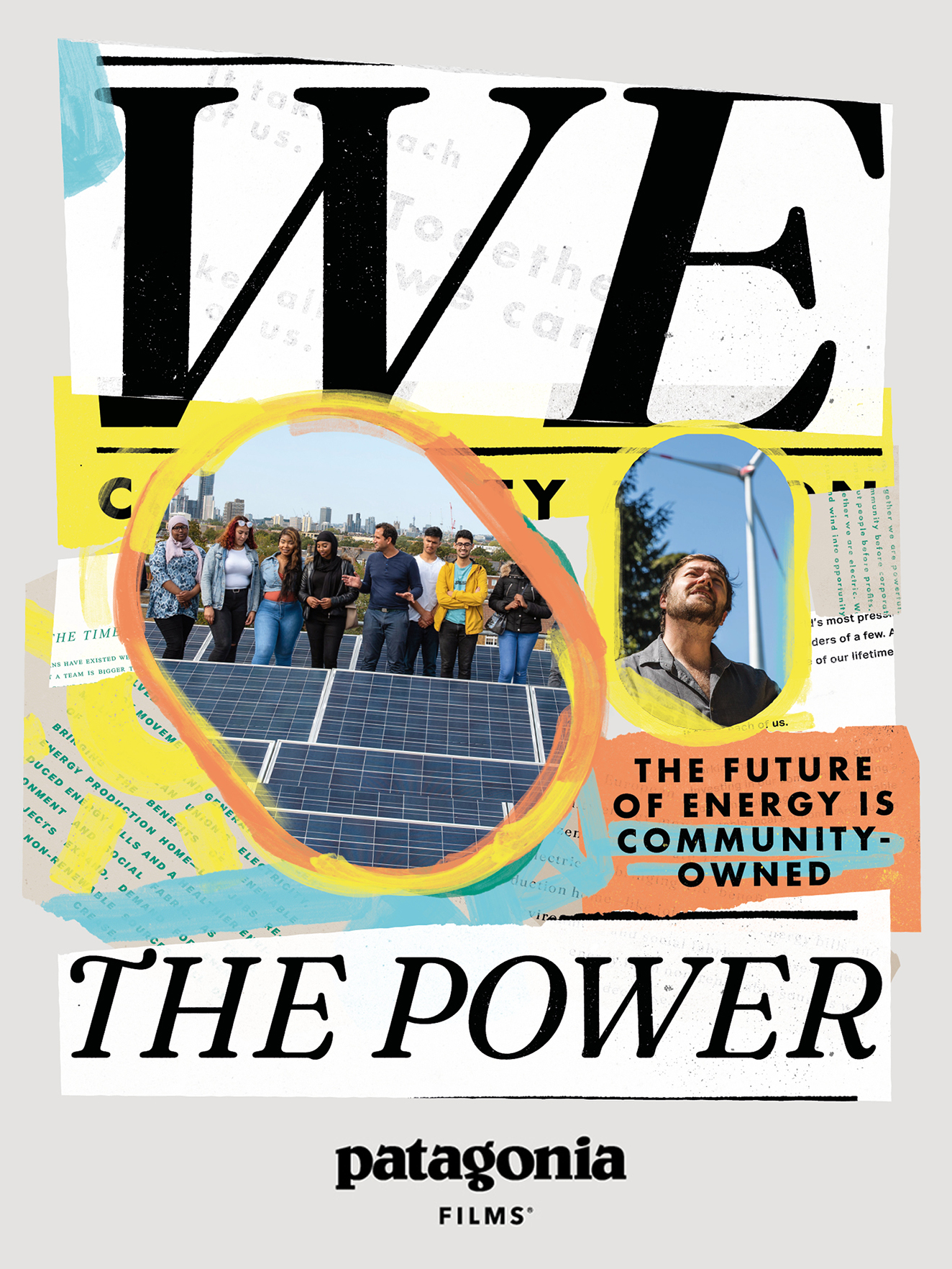 A collage-style poster with the words "WE THE POWER" and "THE FUTURE OF ENERGY IS COMMUNITY-OWNED." Contains two photos: one of a diverse group of people standing outdoors near solar panels, and a close-up of a man outdoors with a wind turbine in the