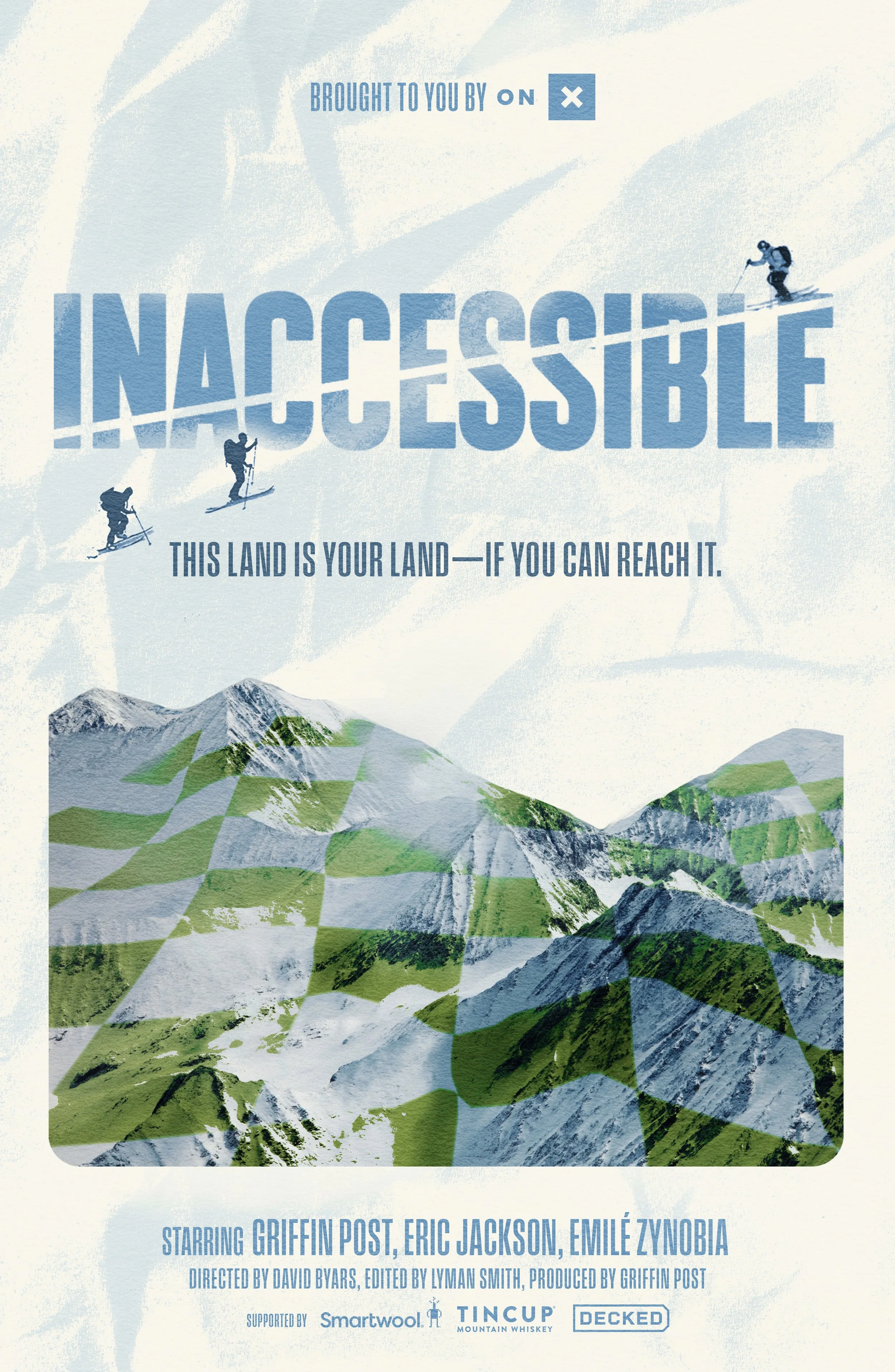 Promotional poster for the documentary 'Inaccessible' featuring mountain scenery and skiers.