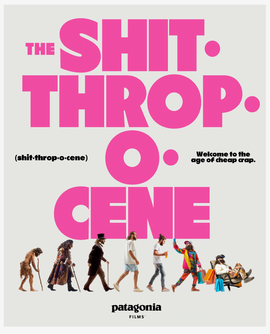 A poster for the film 'The Shit. Throp. O. Cene,' featuring the phonetic spelling of the title and a tagline that says 'Welcome to the age of cheap crap.' The poster shows a sequence of people dressed in various costumes, walking from an ape-like figure to a person sitting in a recliner with sunglasses and a remote, carrying shopping bags and wearing colorful clothing.