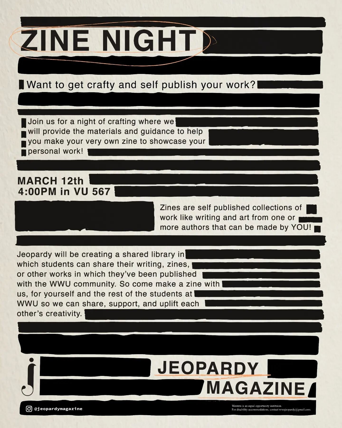 Zine night tomorrow at 4:00pm in VU567! Bring yourself and your creativity and we'll provide the rest! No prior zine knowledge needed! Snacks and drinks will be provided.

For any questions, concerns, or accommodations please email us at wwujeopardy@