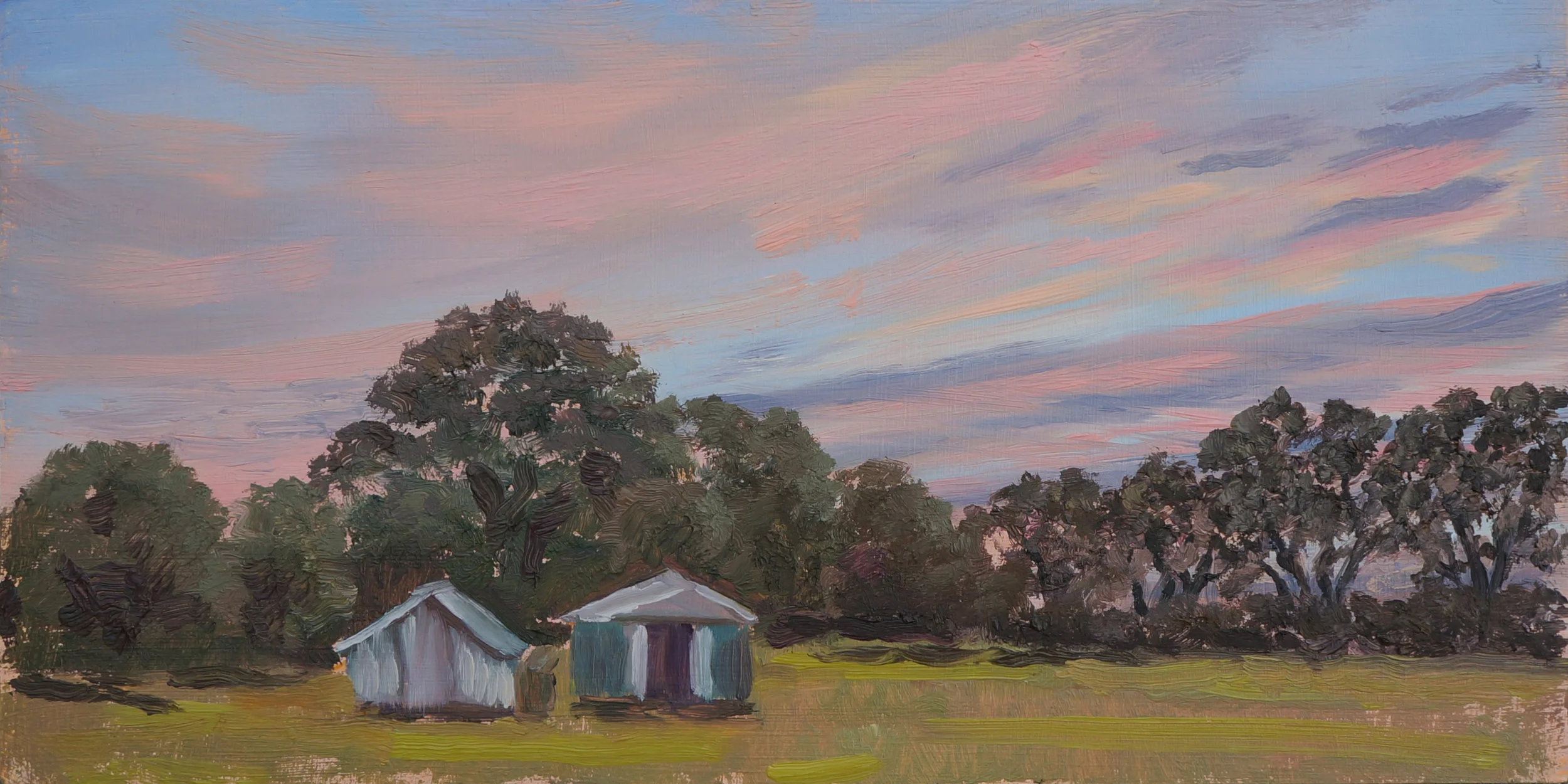 sunset over chickens | oil on panel | 30 x 15cm