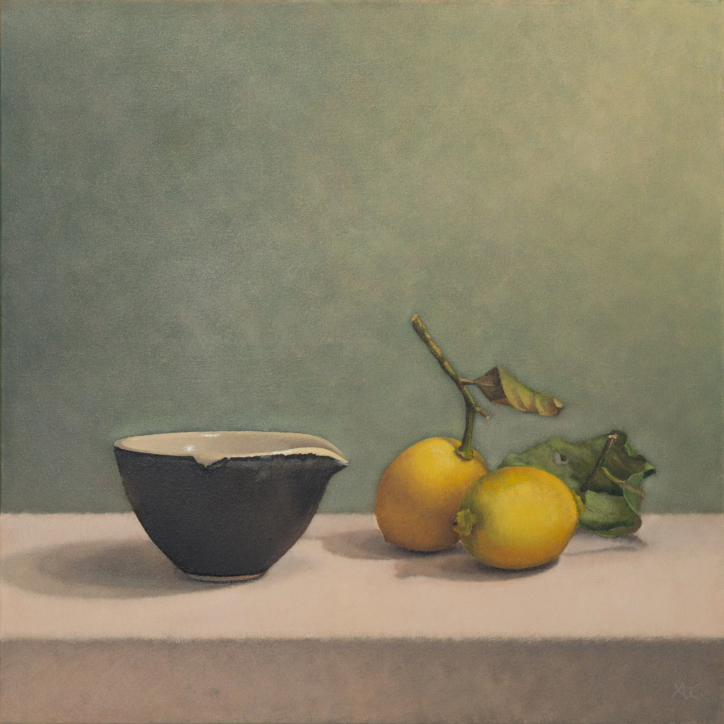 Leafy Lemons and Bowl | oil on canvas | 60 x 60 cm