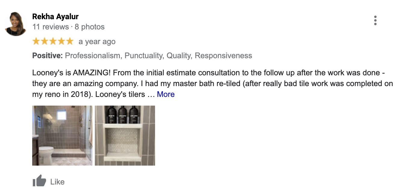 Looneys Tile and Grout Google Reviews 5 stars