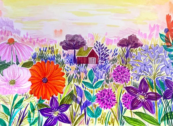 Paysage dessiné au feutre de l'illustratrice Clemzillu