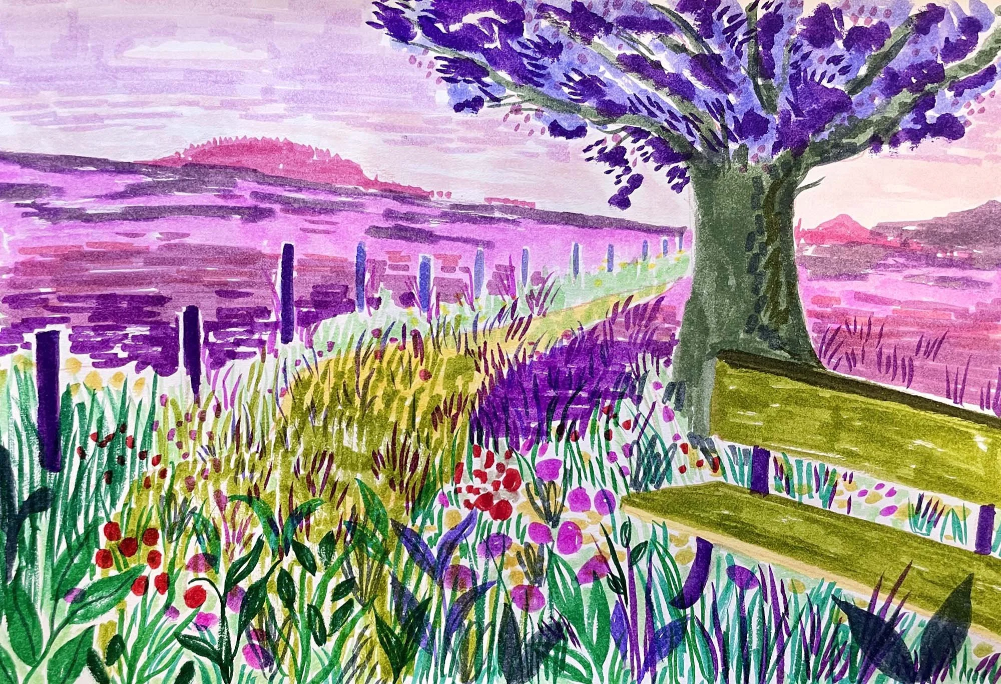Paysage dessiné au feutre de l'artiste Clemzillu