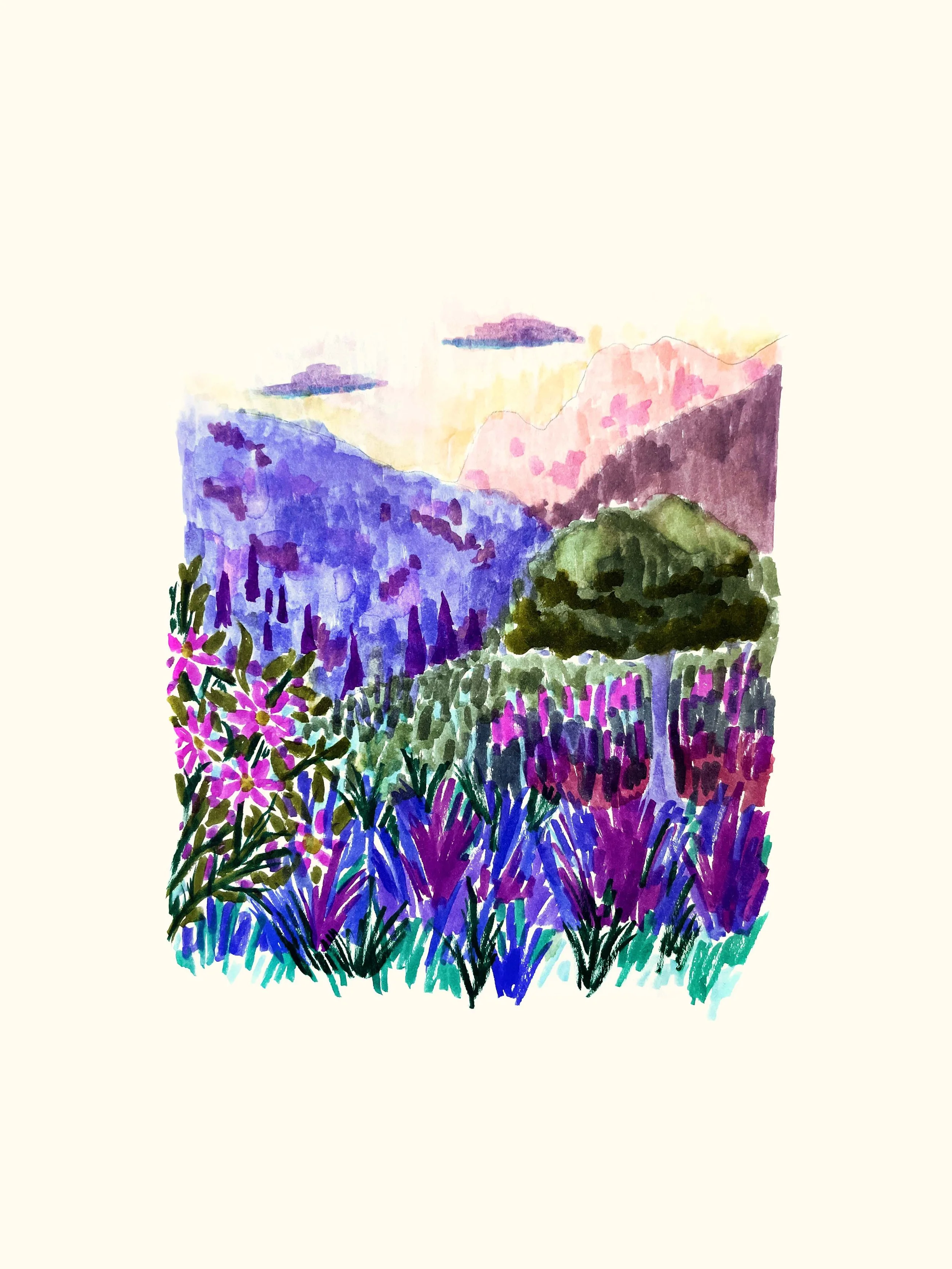 Dessin de paysage au feutre, carnet d’artiste.