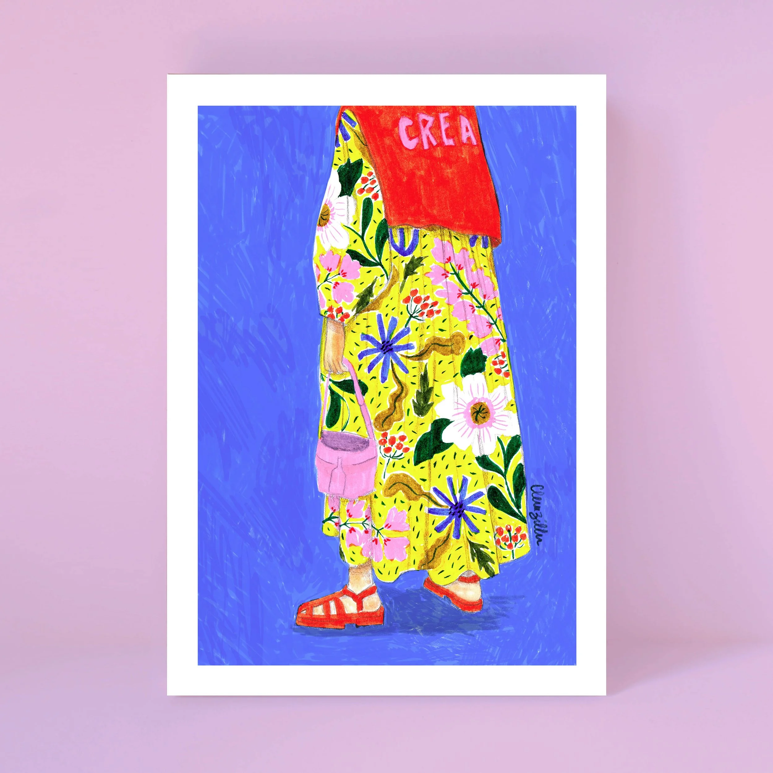 Affiche Robe à fleurs Femme de dos dans une robe à fleurs très colorée. Dessin original au feutre + digital Pour une déco haute en couleurs !