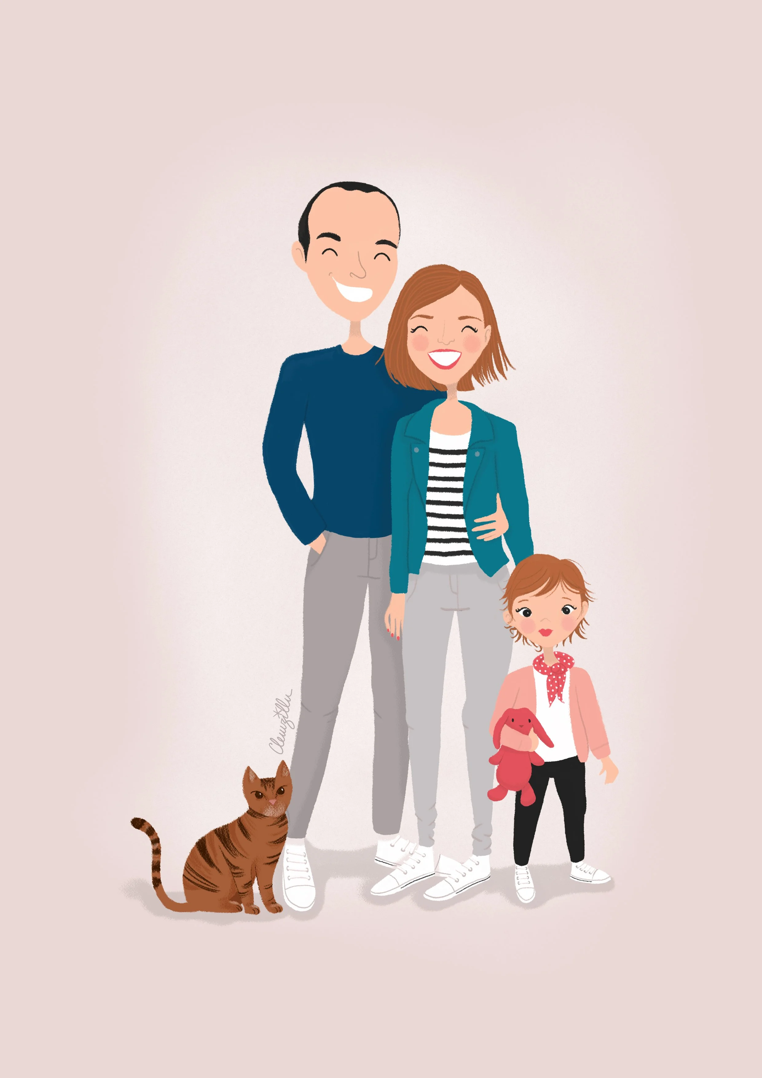 Portrait de famille illustré original, cadeau de mariage