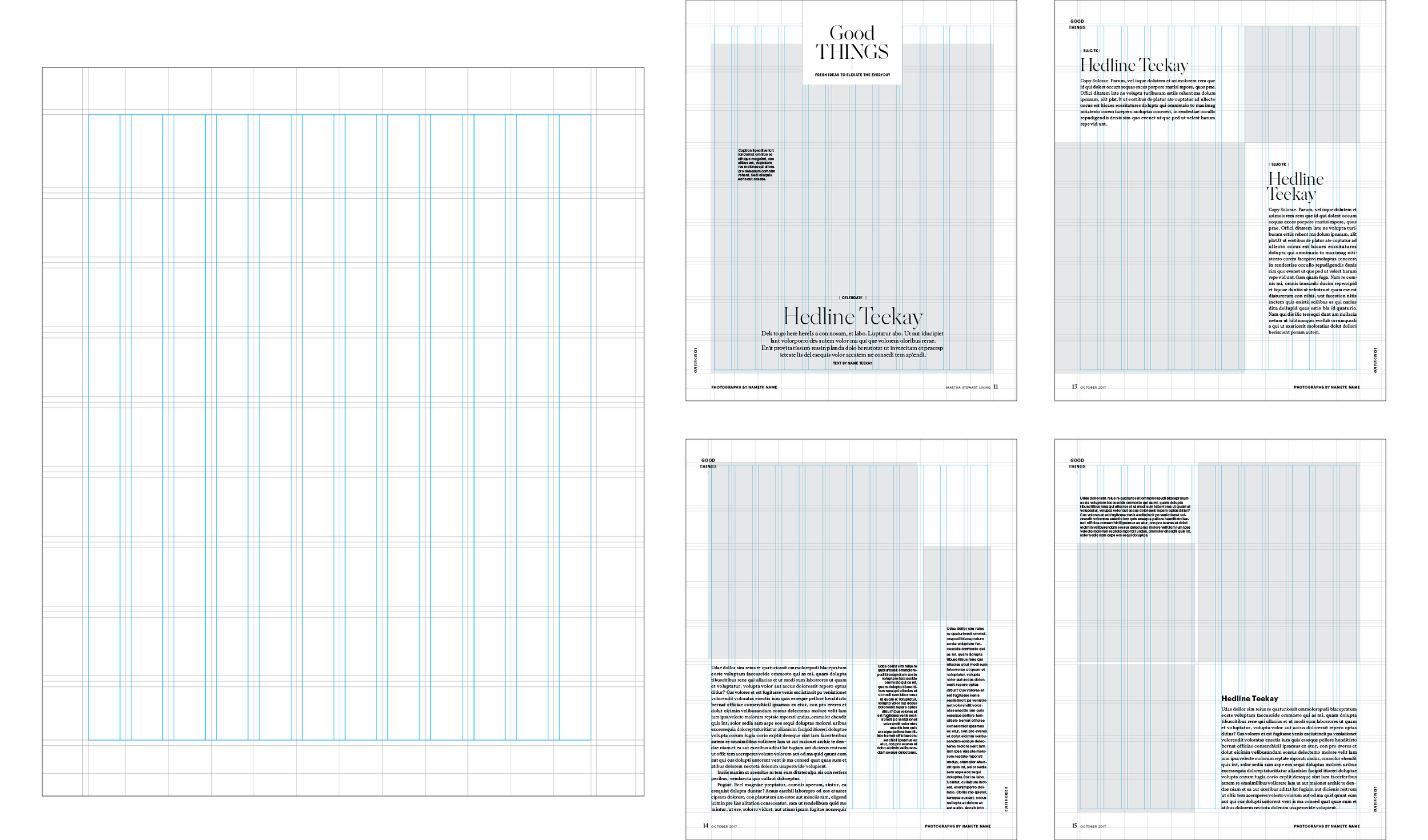 After much experimentation, a flexible 12 column grid was created to allow for optimal variability in layout structure and compositions. White space, negative channels, larger typography and imagery, all helped to define our new look.