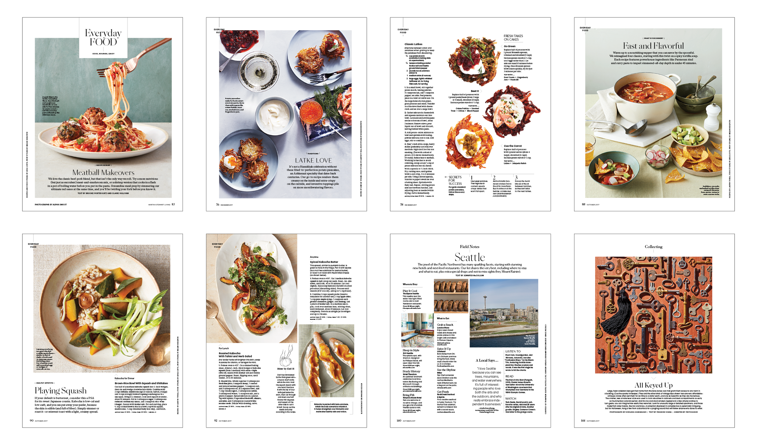 Per Martha's request overall photographs increased in size and took up more real-estate on pages. We eliminated all colored type, sticking adhering to a graphic modern black.