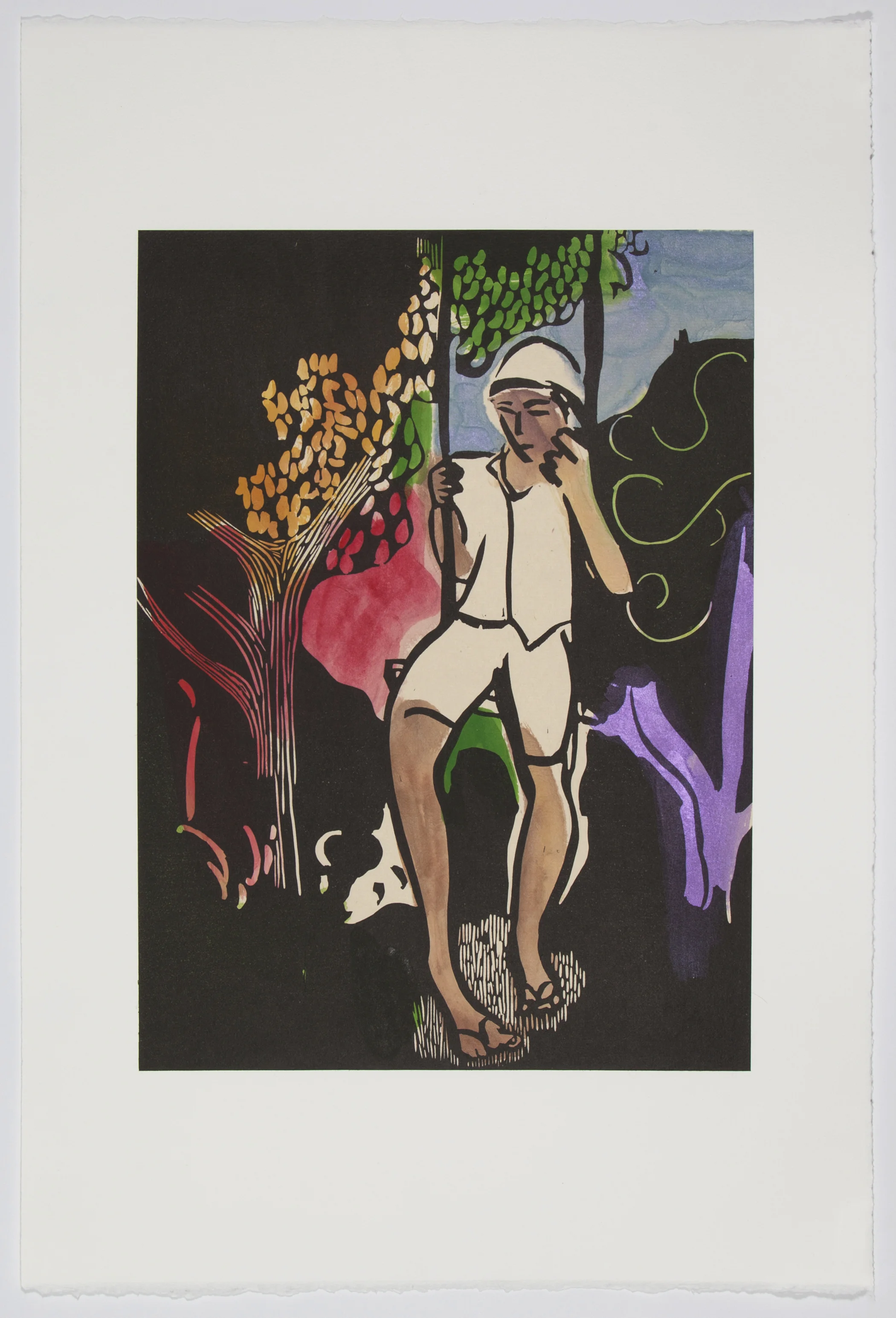 Boy on a Swing (VI) , 2017 Linoleum with Watercolor Image size: 15 x 11 inches Paper size: 21.5 x 15 inches Edition of 15